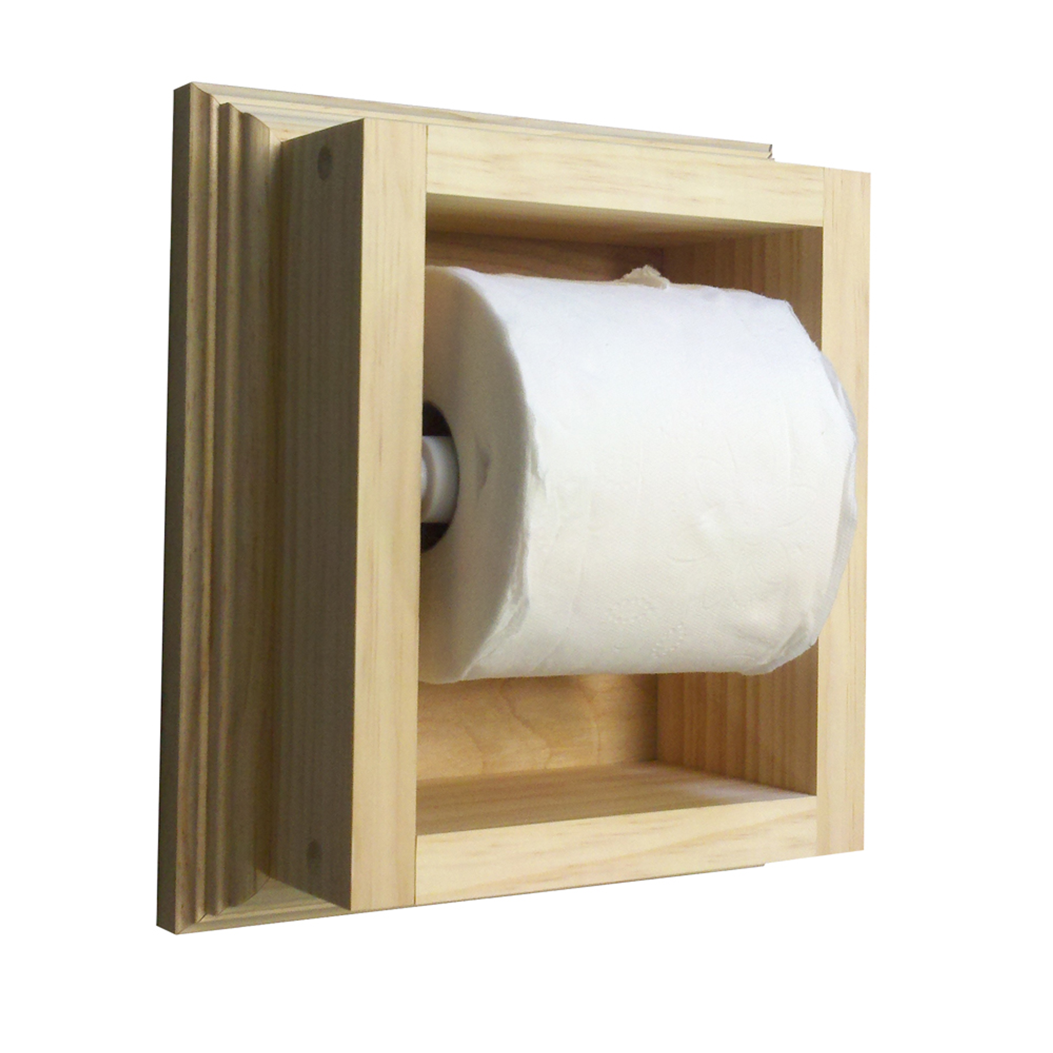 Toilet Paper Holder Wall Mounted Solid Wood 10h x 8.5w x 3.5d White Plastic Roller Installation Easy Handcrafted USA