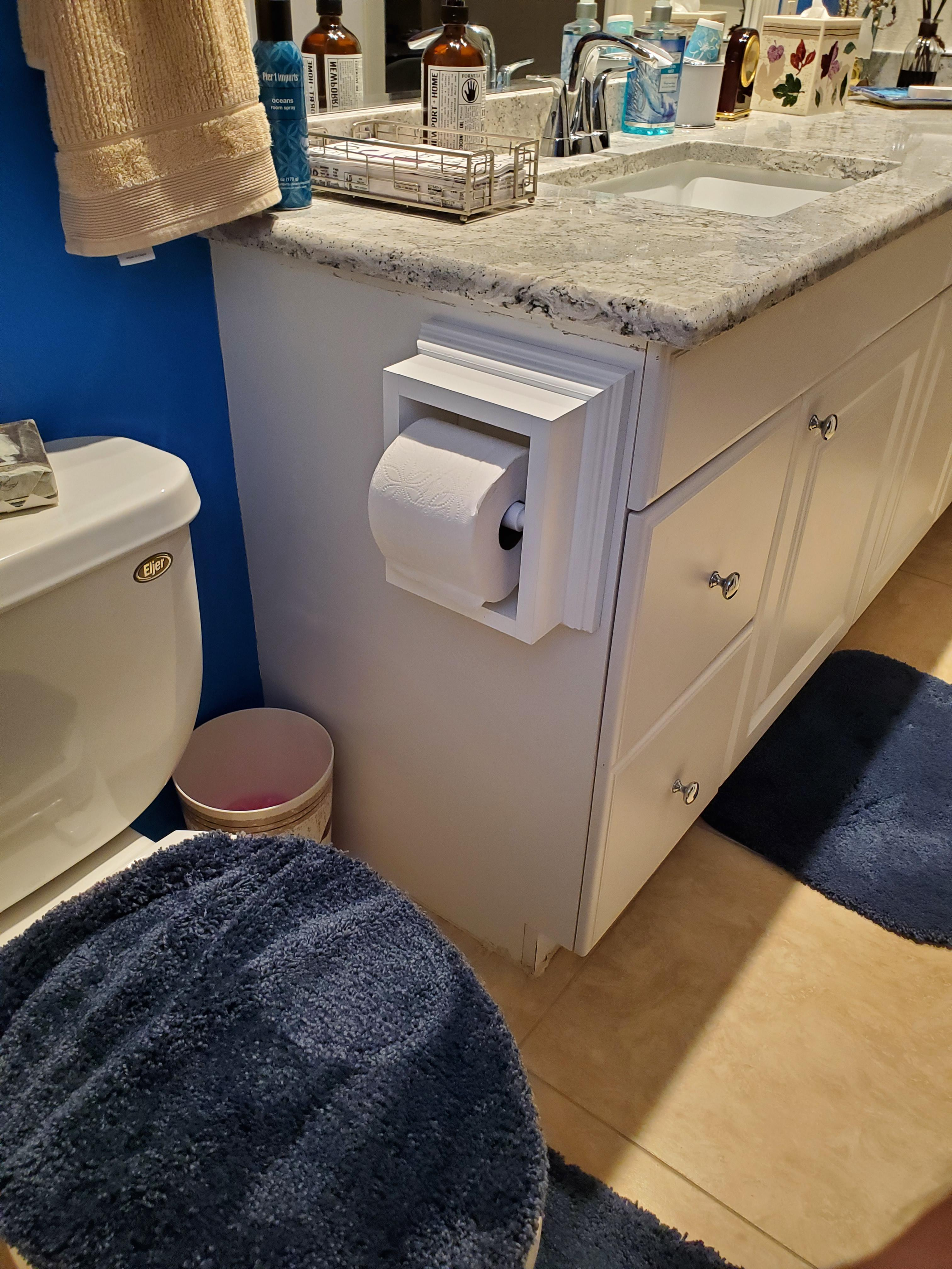 Toilet Paper Holder Wall Mounted Solid Wood 10h x 8.5w x 3.5d White Plastic Roller Installation Easy Handcrafted USA