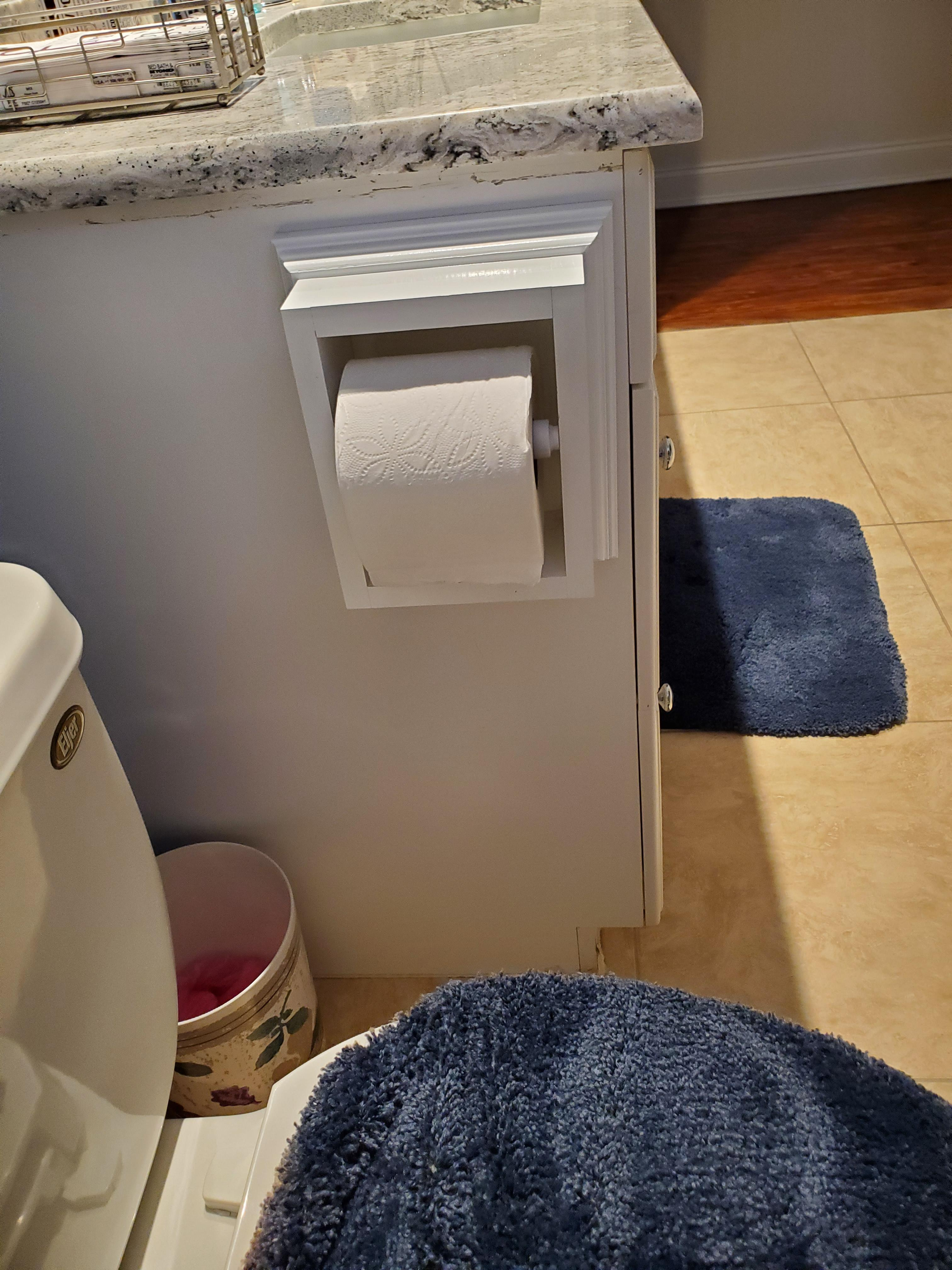 Toilet Paper Holder Wall Mounted Solid Wood 10h x 8.5w x 3.5d White Plastic Roller Installation Easy Handcrafted USA