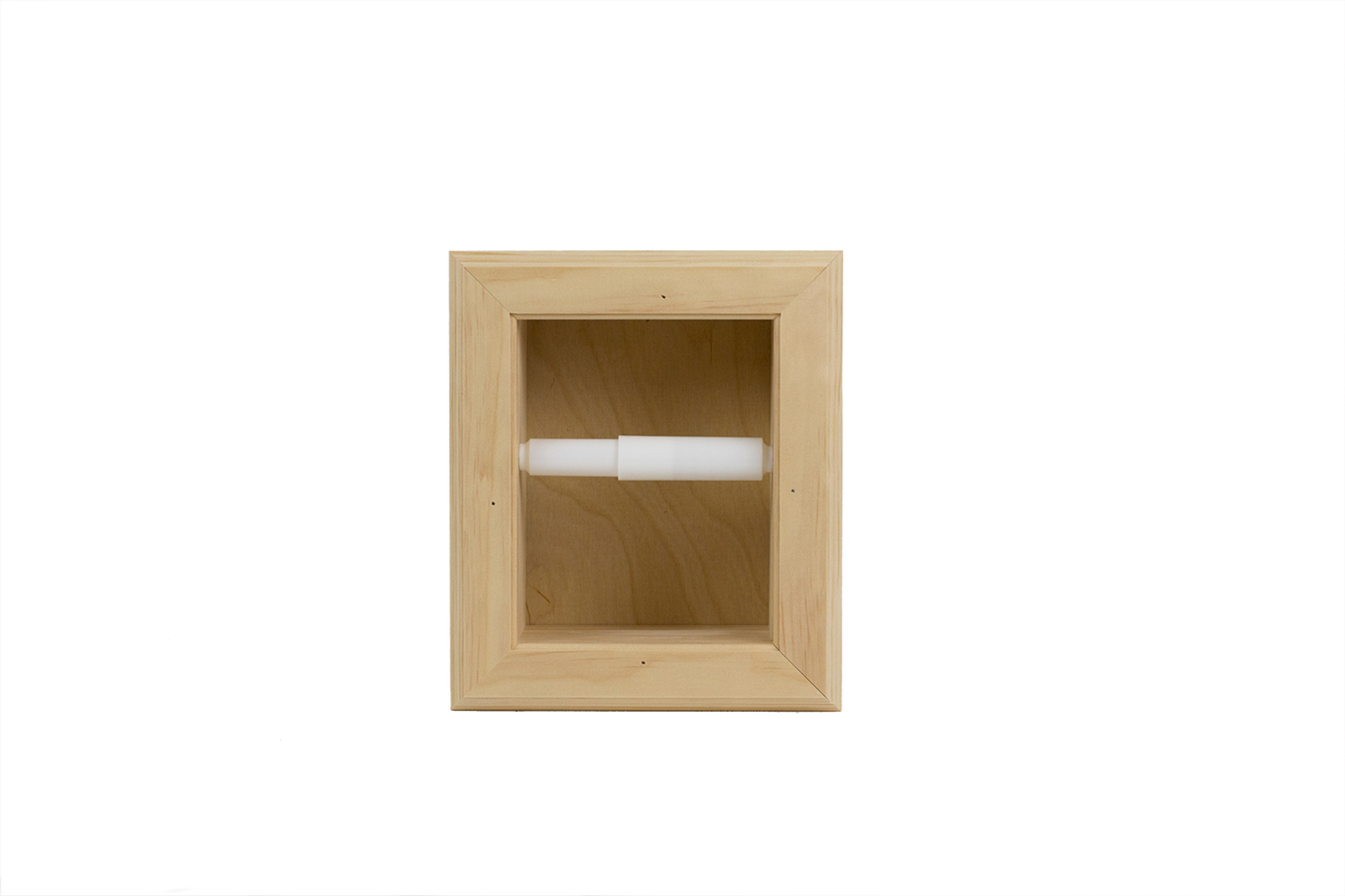 Toilet Paper Holder Recessed Solid Wood Handcrafted White Plastic Spring Loaded Roller Easy Installation Fits Standard 2x4 Walls