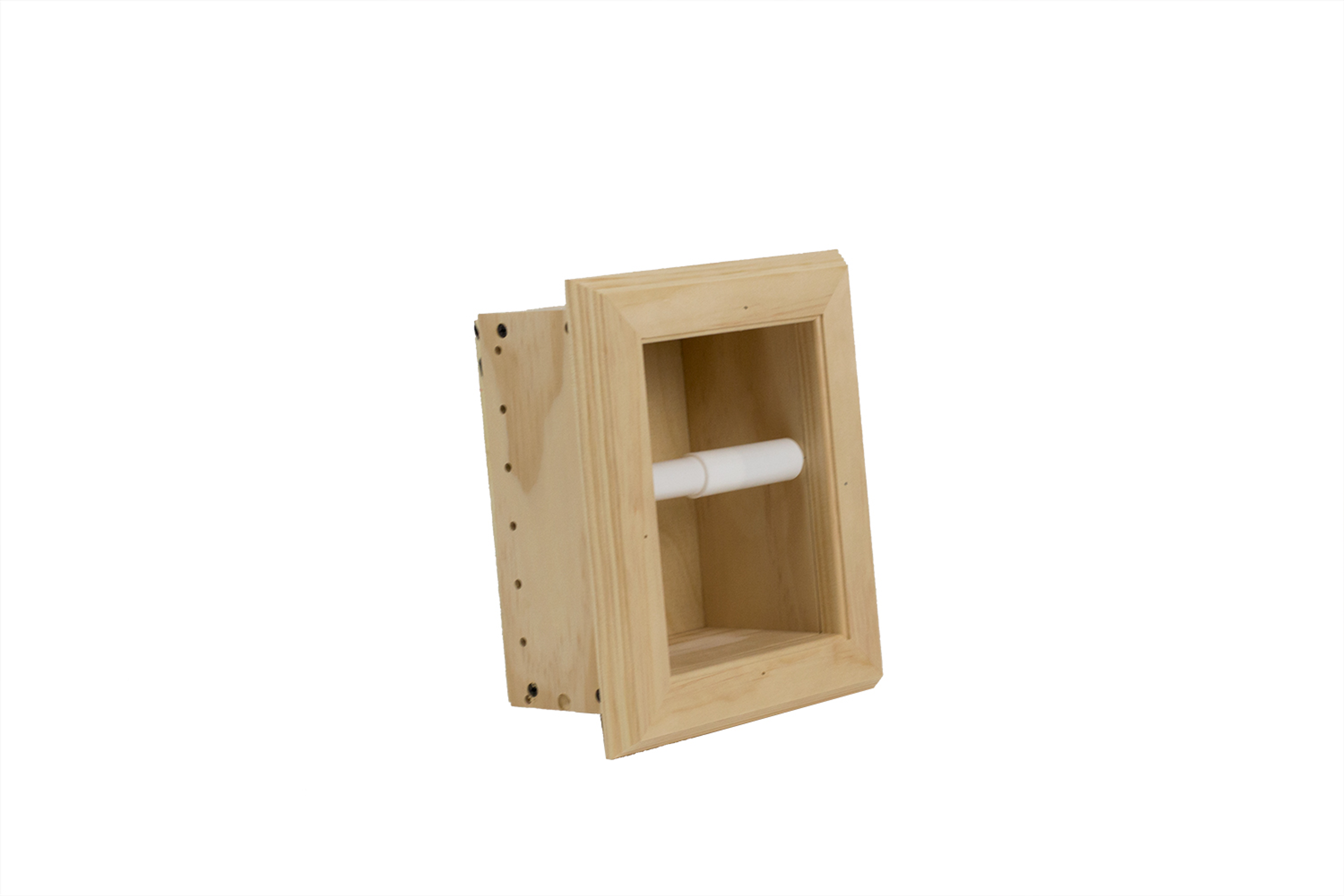 Toilet Paper Holder Recessed Solid Wood Handcrafted White Plastic Spring Loaded Roller Easy Installation Fits Standard 2x4 Walls