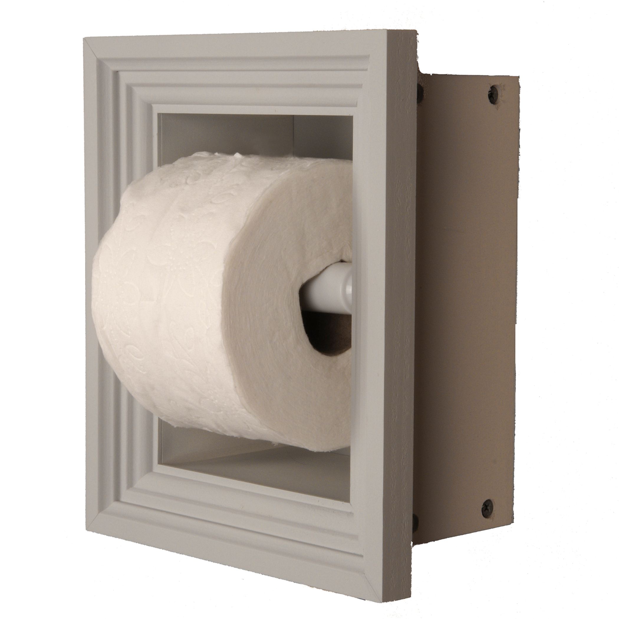 Toilet Paper Holder Recessed Solid Wood Handcrafted White Plastic Roller Standard Size Fits 2x4 Walls Easy Installation USA Made
