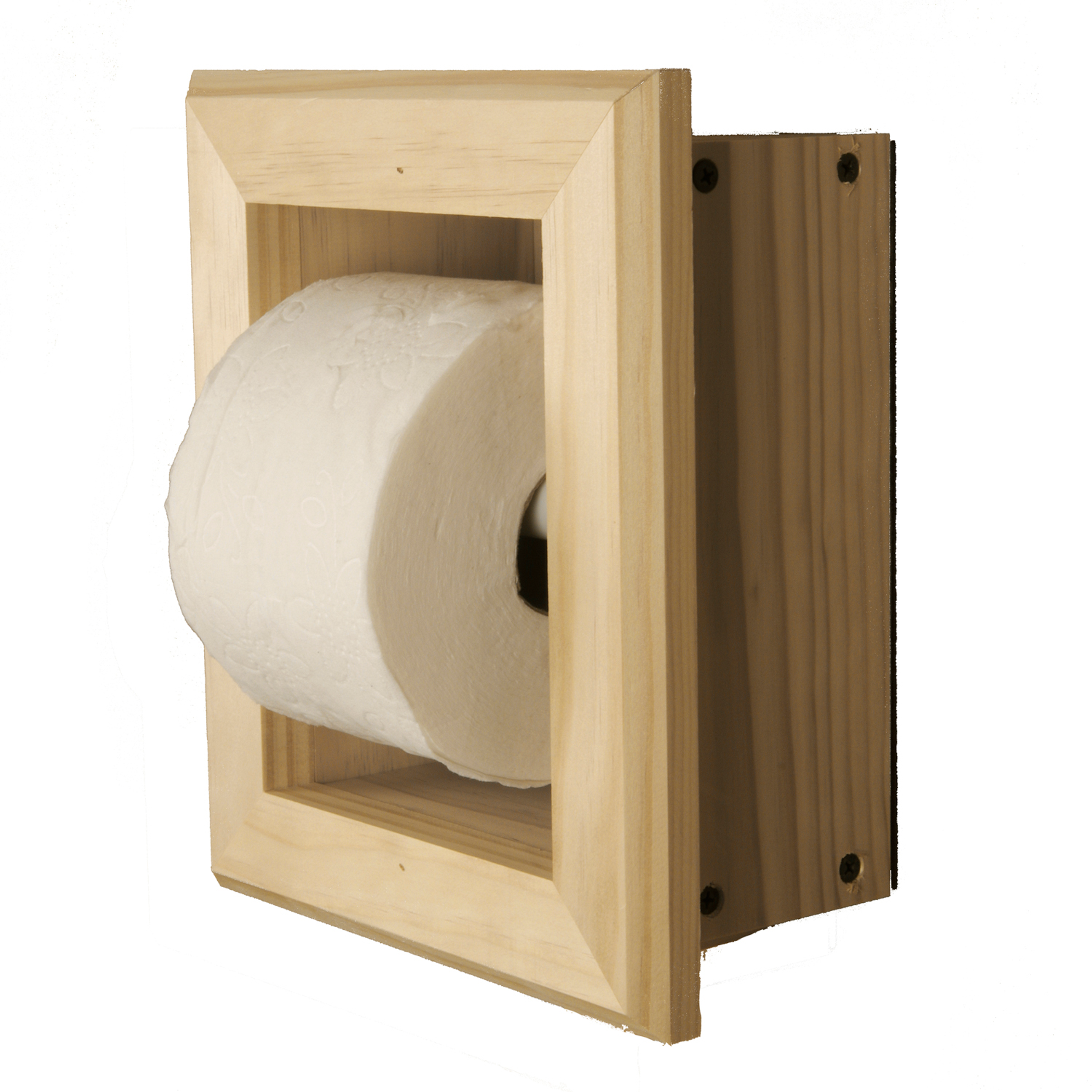 Toilet Paper Holder Recessed Solid Wood Handcrafted USA Unfinished Solid Pine 10 x 8.5 x 3.75 inches Includes White Plastic Roller