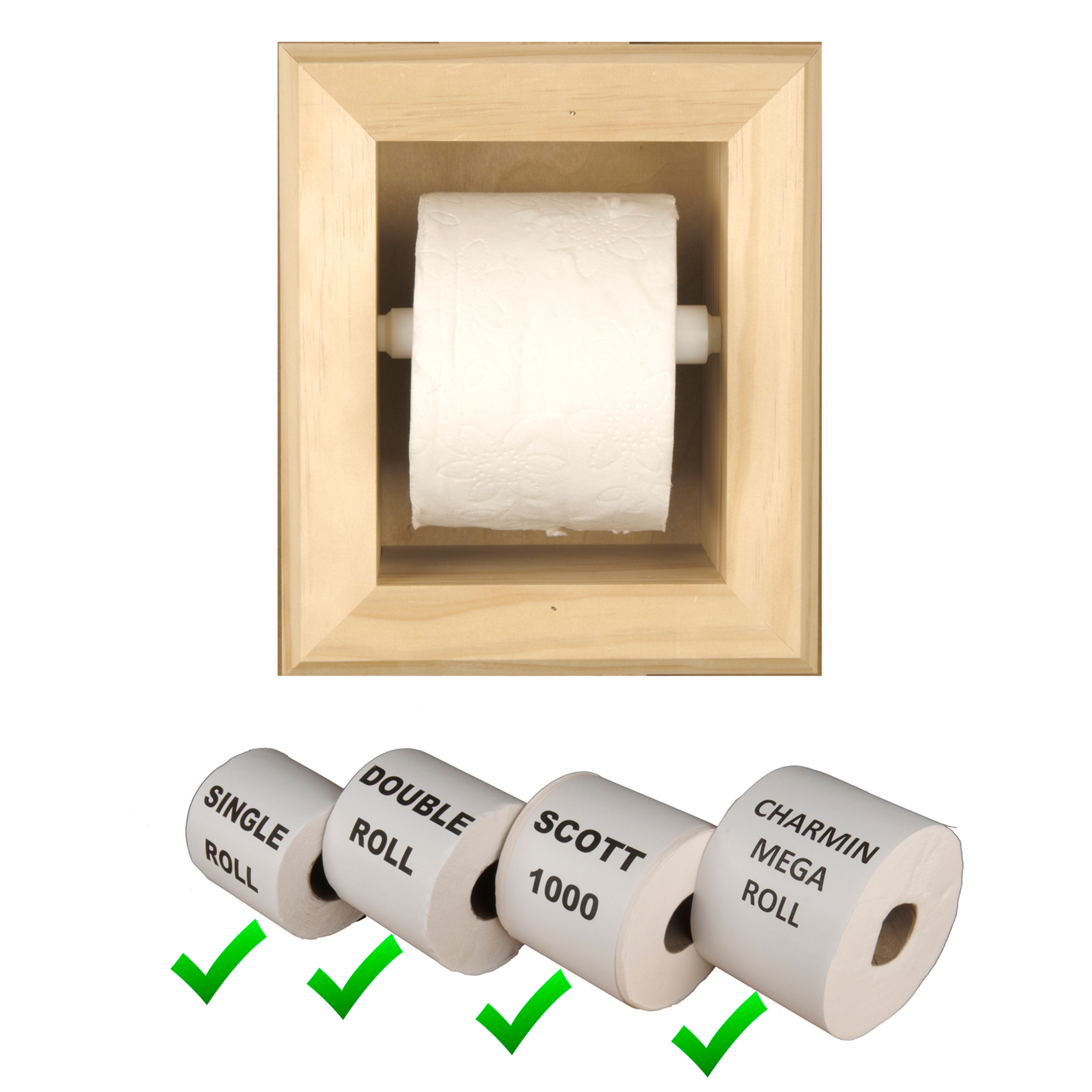 Toilet Paper Holder Recessed Solid Wood Handcrafted USA Unfinished Solid Pine 10 x 8.5 x 3.75 inches Includes White Plastic Roller