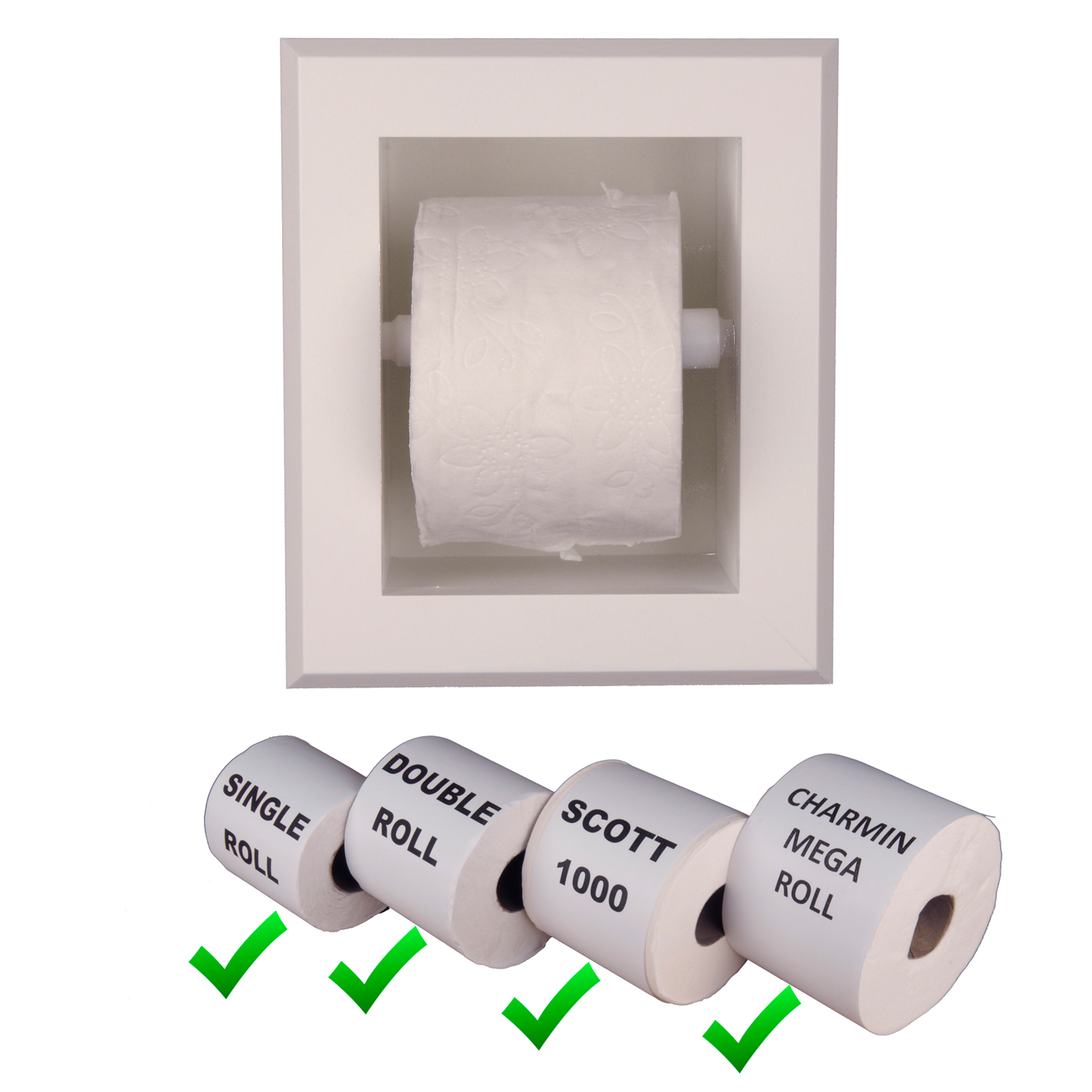 Wooden Toilet Paper Holder Recessed Handcrafted Solid Pine Bright White Enamel 10 x 8.5 x 3.5 inches Compatible with Standard 2 x 4 Walls