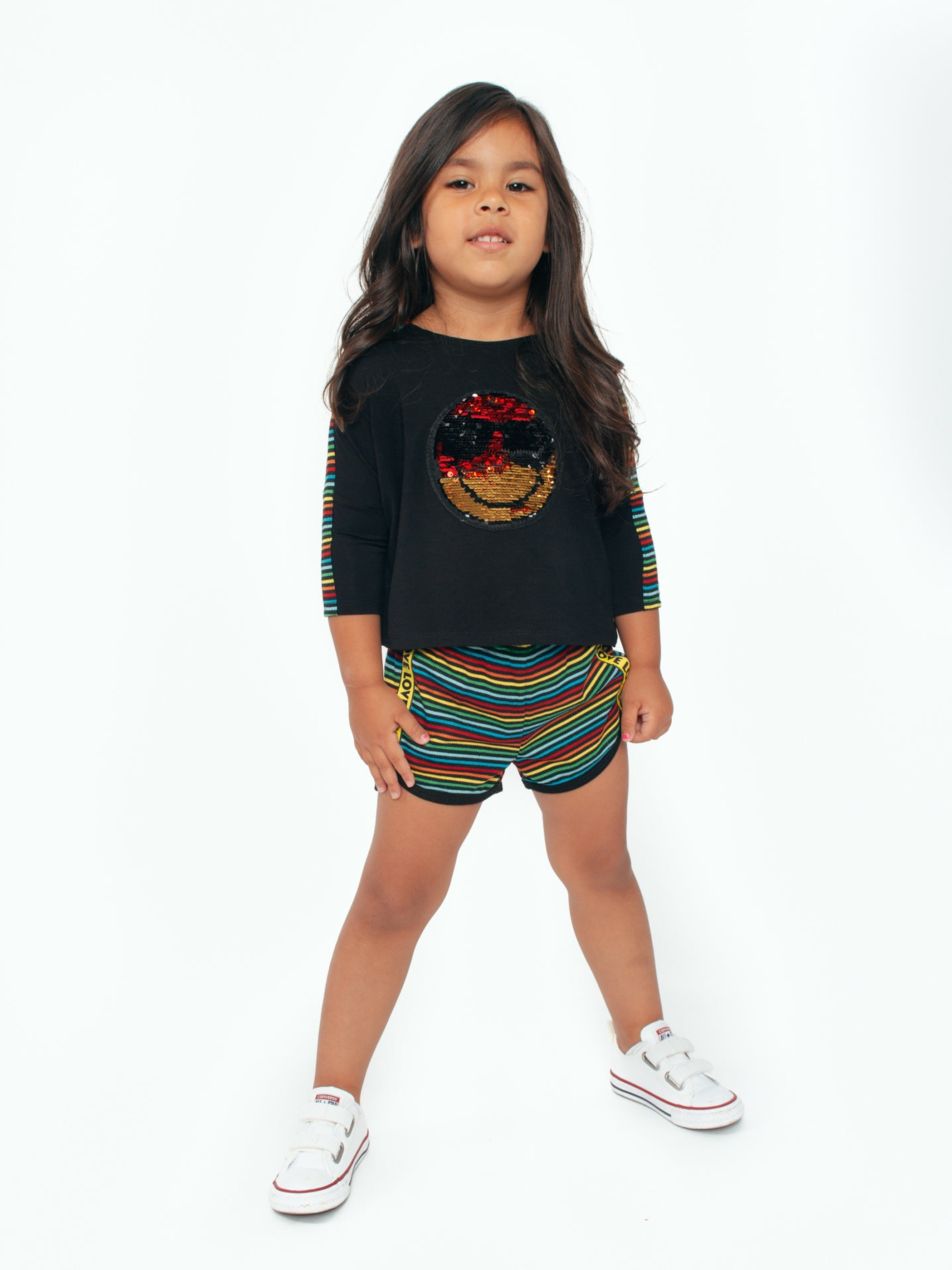Top Sequin Smiley Patch Stripe Insert 3/4 Sleeves Black