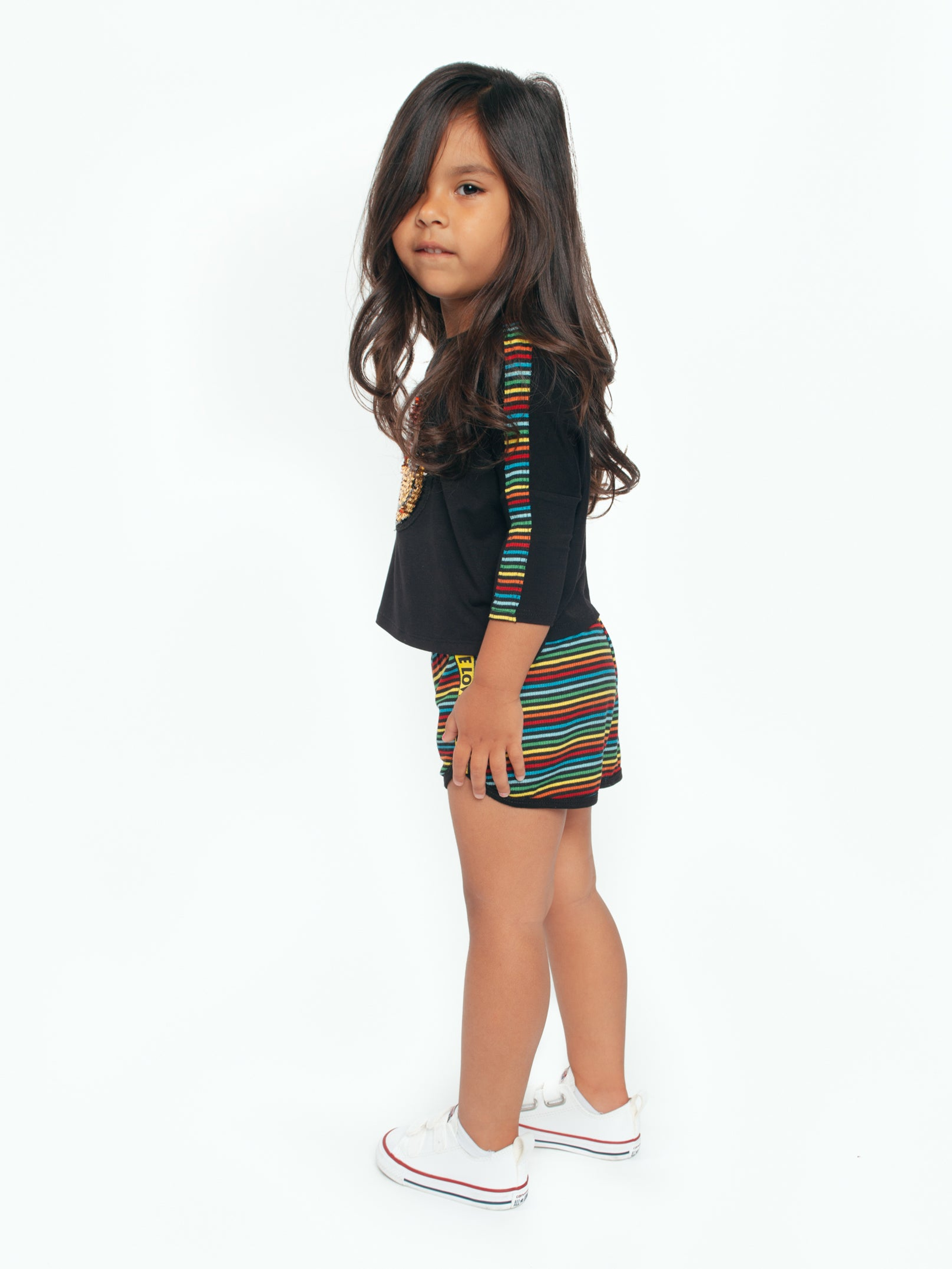 Top Sequin Smiley Patch Stripe Insert 3/4 Sleeves Black