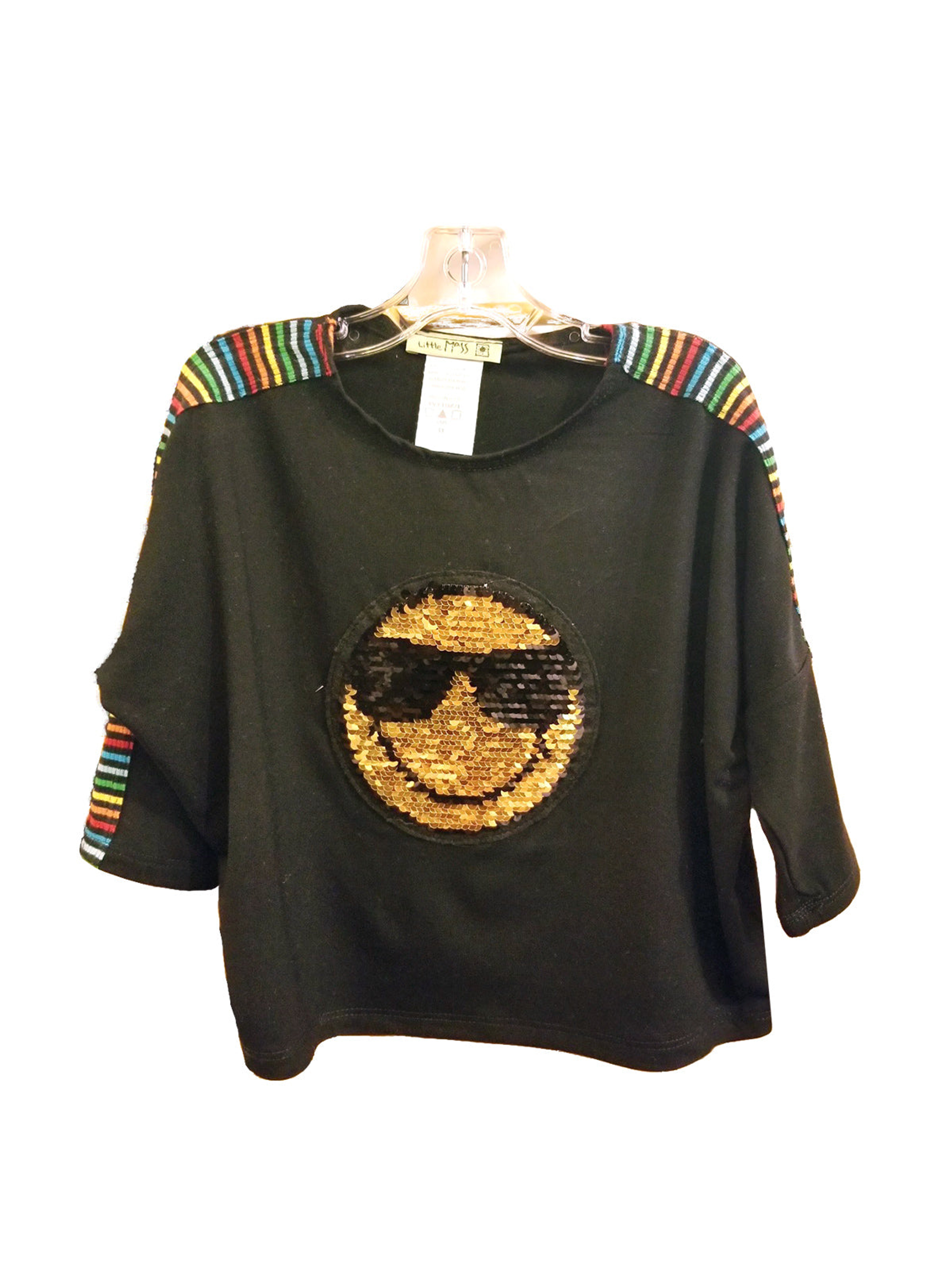 Top Sequin Smiley Patch Stripe Insert 3/4 Sleeves Black