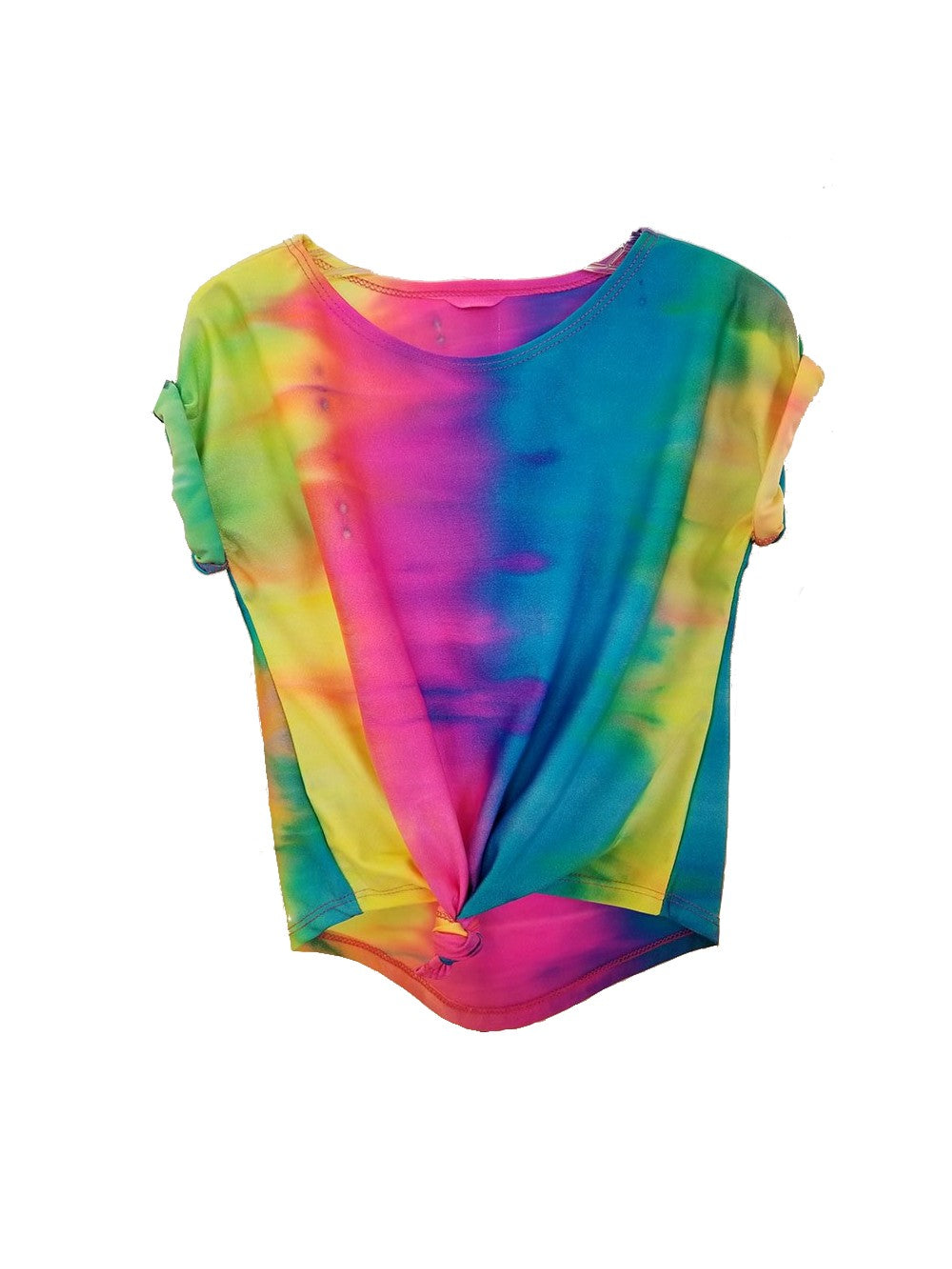 Tie-Front Top Main Function Tie Dye Rainbow Print Dropped Shoulders Rolled Up Sleeves