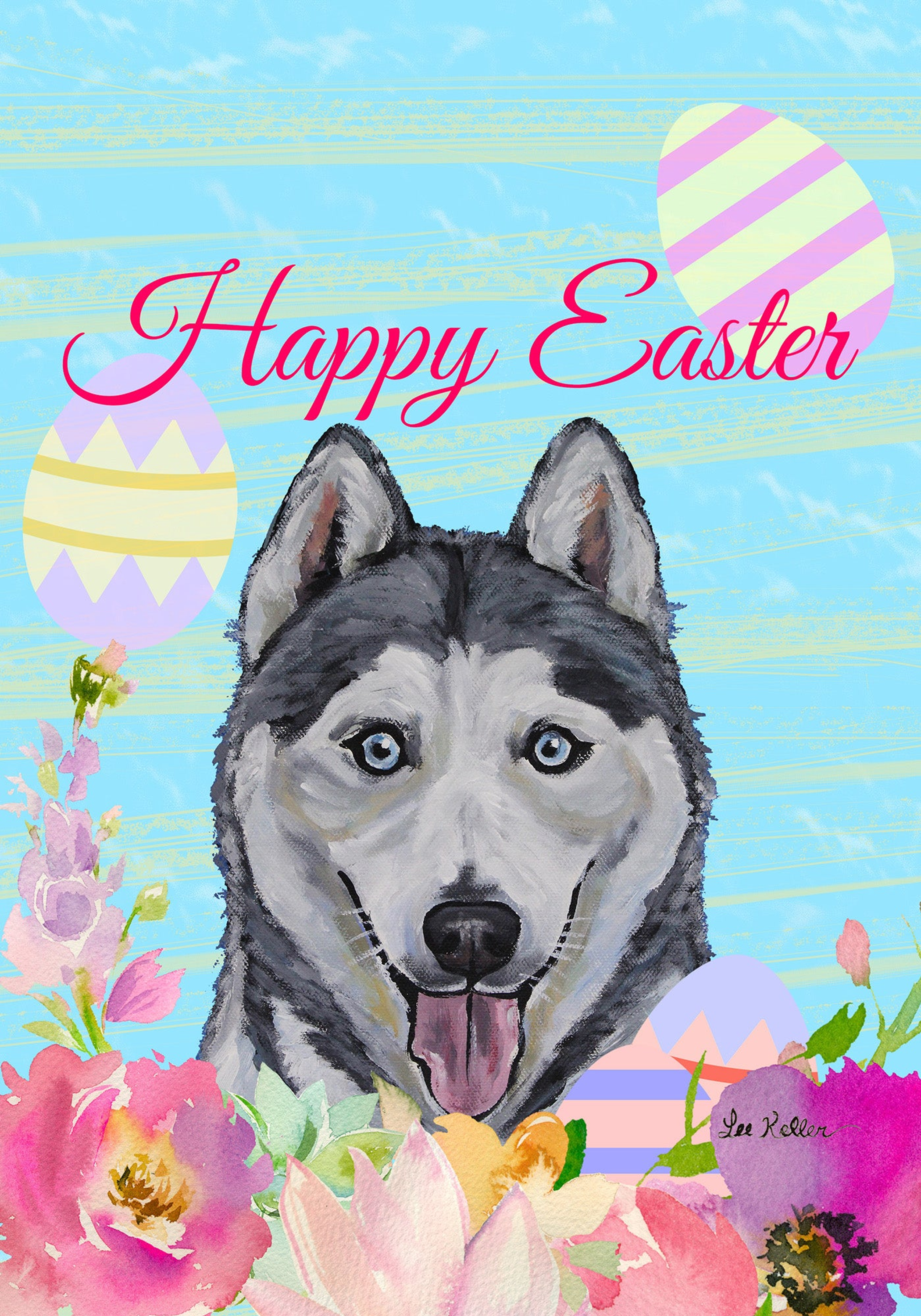 Outdoor flag featuring double sided artwork by Lee Keller for all weather use designed for Easter house and garden decoration