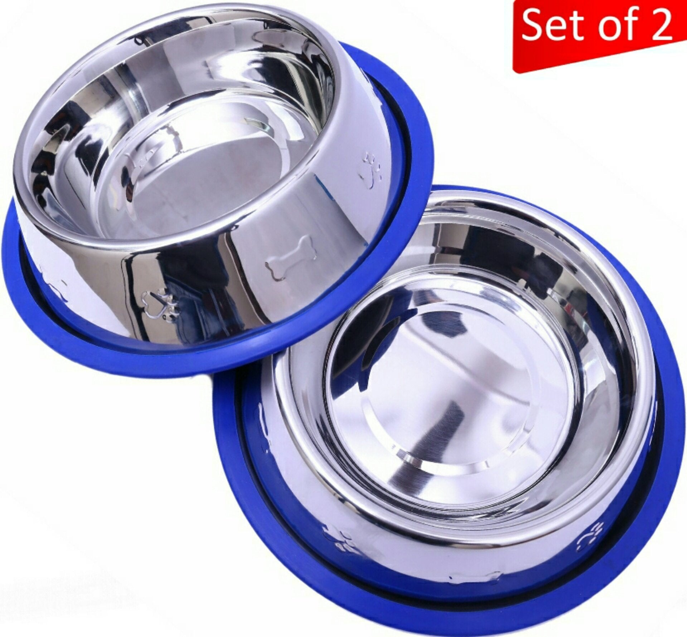 Etched Stainless Steel Dog Bowls with Blue Silicone Base Image 1