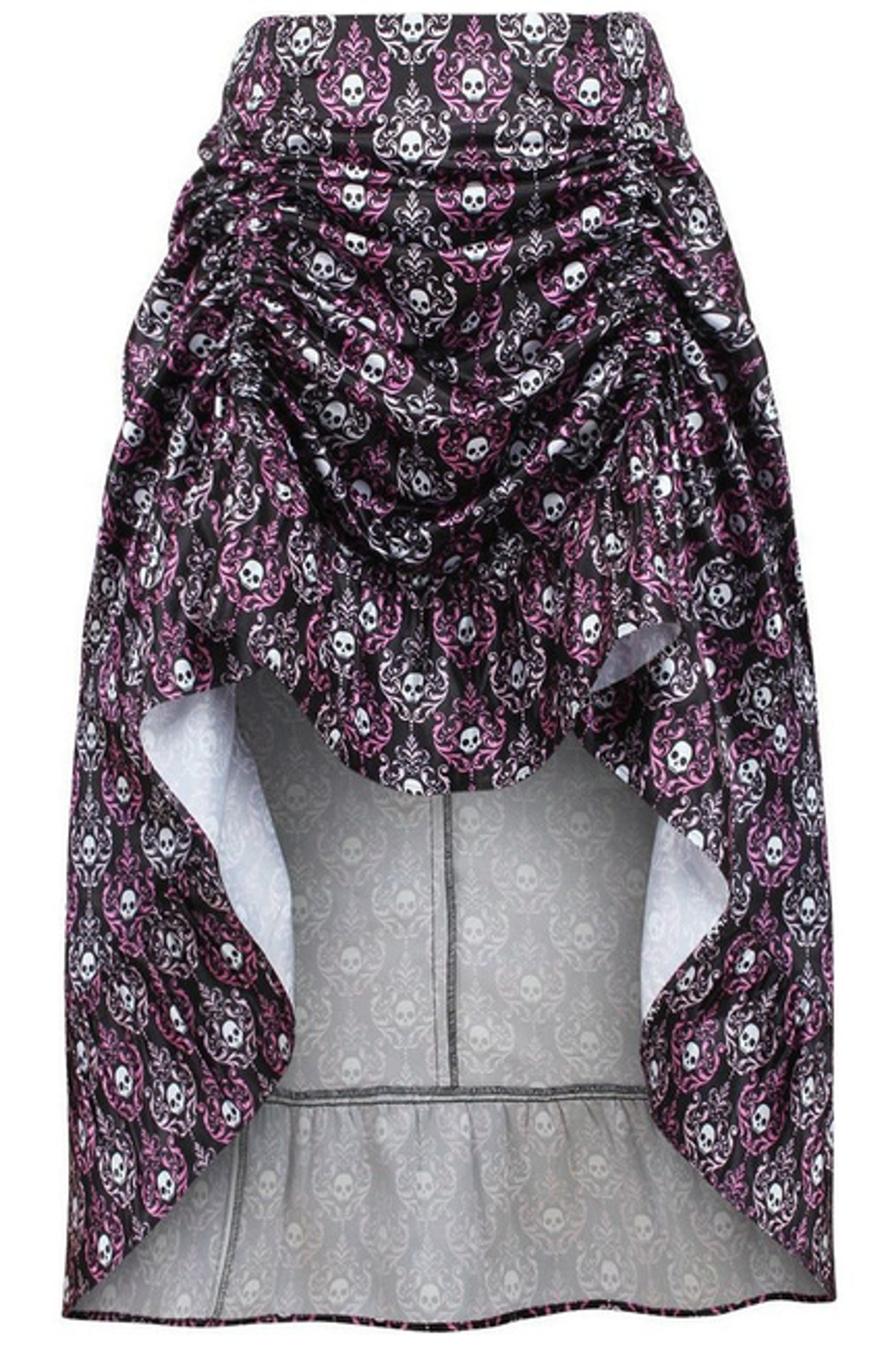 Black, White & Purple Skull Satin High-Low Skirt