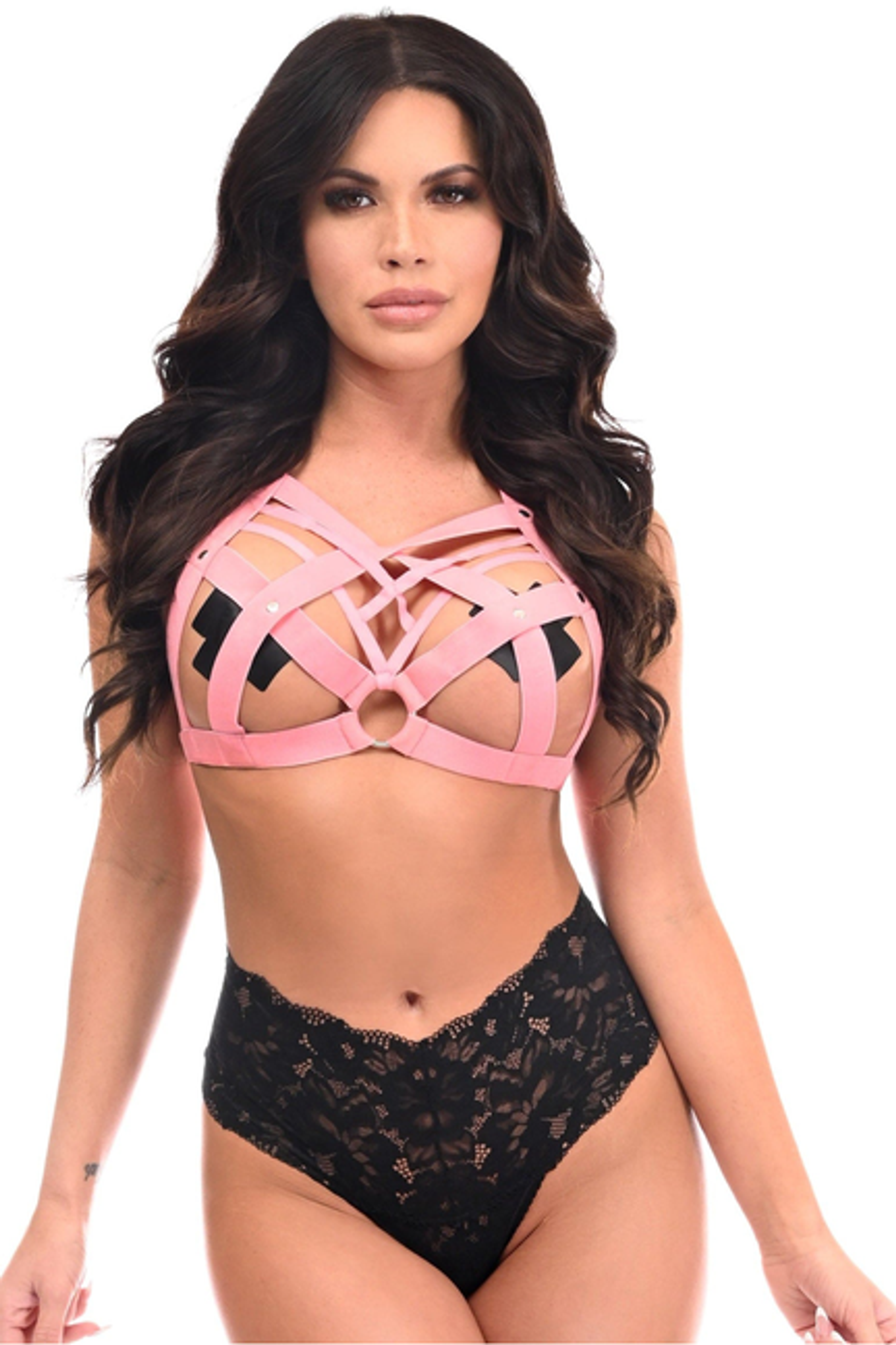 Light Pink Stretchy Body Harness With Silver Hardware