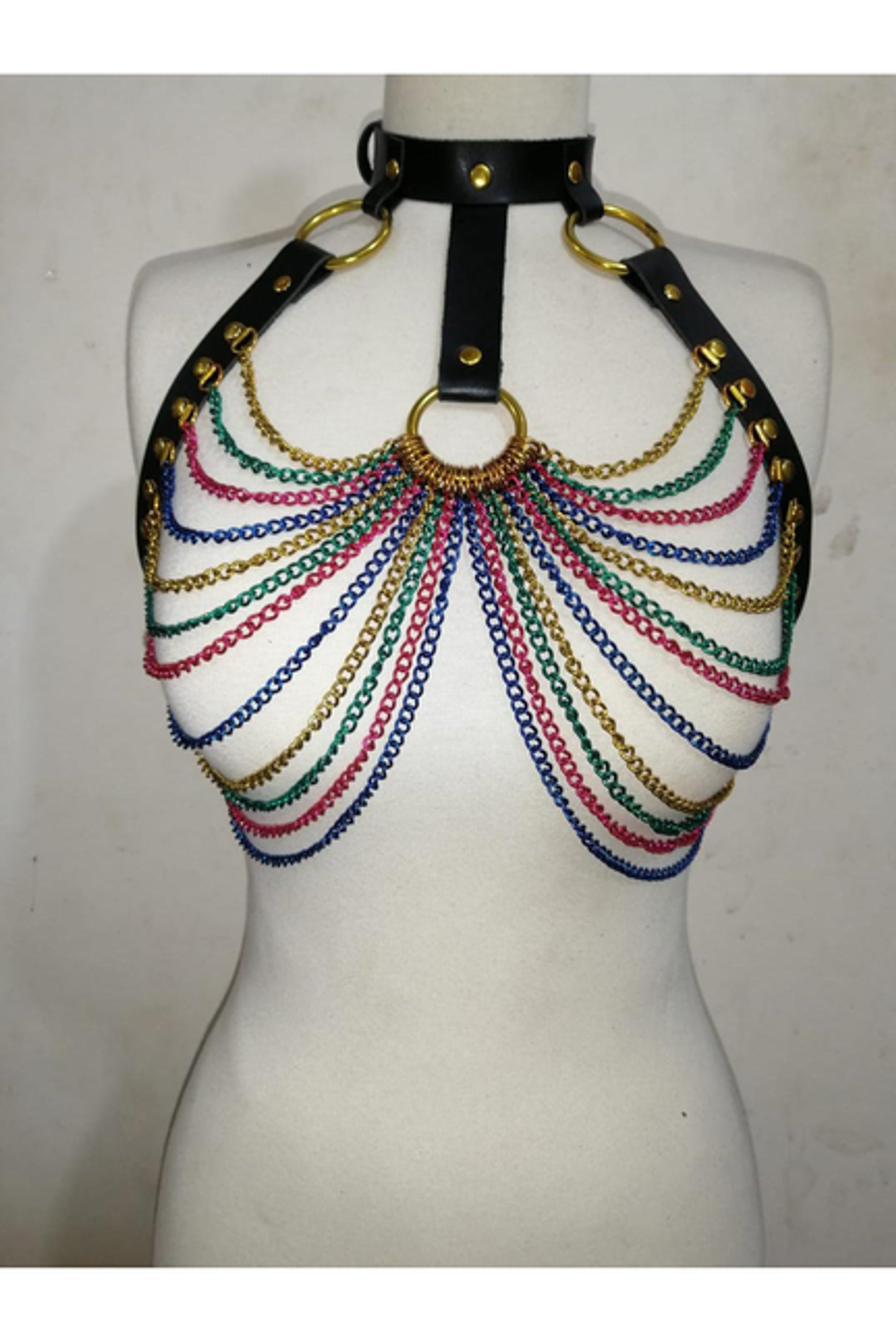 Faux Leather and Rainbow Metallic Chain Harness