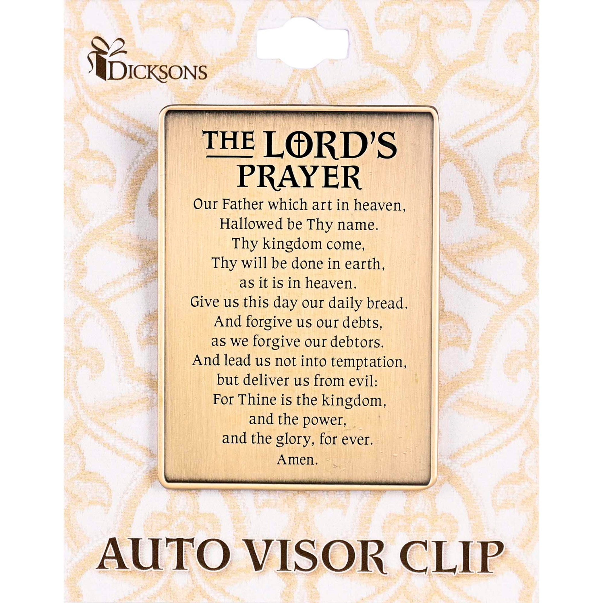 Visor Clip Lords Prayer KJV 2-1/4 Tall Zinc Alloy Metal Decorative Backer Card Clip On Back Easy Attachment