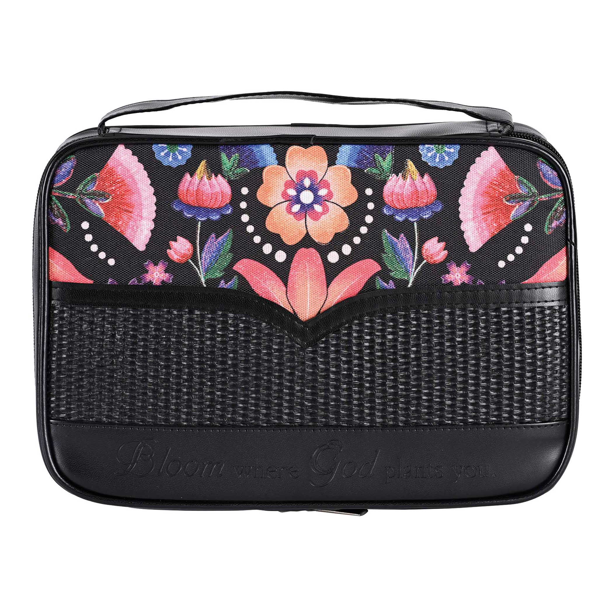 Bible Case Floral Design Large Print Holds Bible Up To 7-3/4 X 2-1/2 X 11-1/4 Black Fabric 600 Denier Polyester With Handle