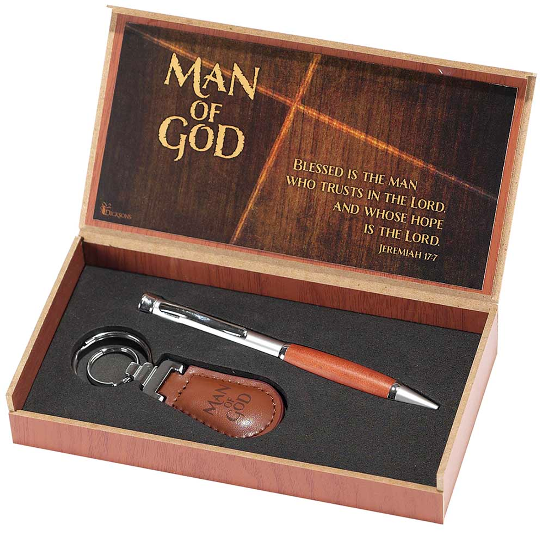 Juego de llavero y bolígrafo para hombre de Dios con diseño de cruz y texto de Jeremías 17 7 color madera y metal plateado en estuche de regalo