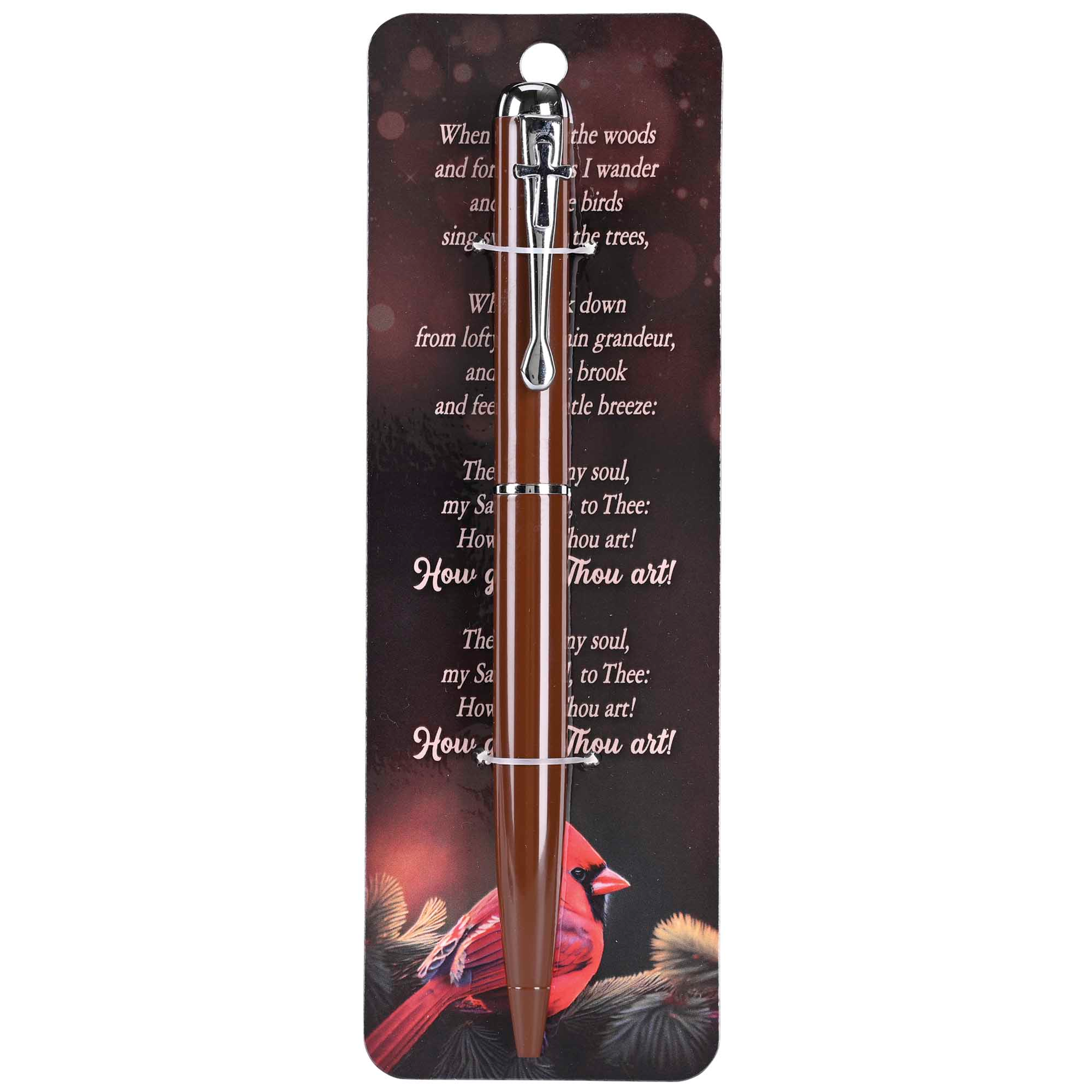 Pen Giftable Brown Metal Writing Instrument With Cross Design Bookmark Sized Card Featuring Hymn Lyrics