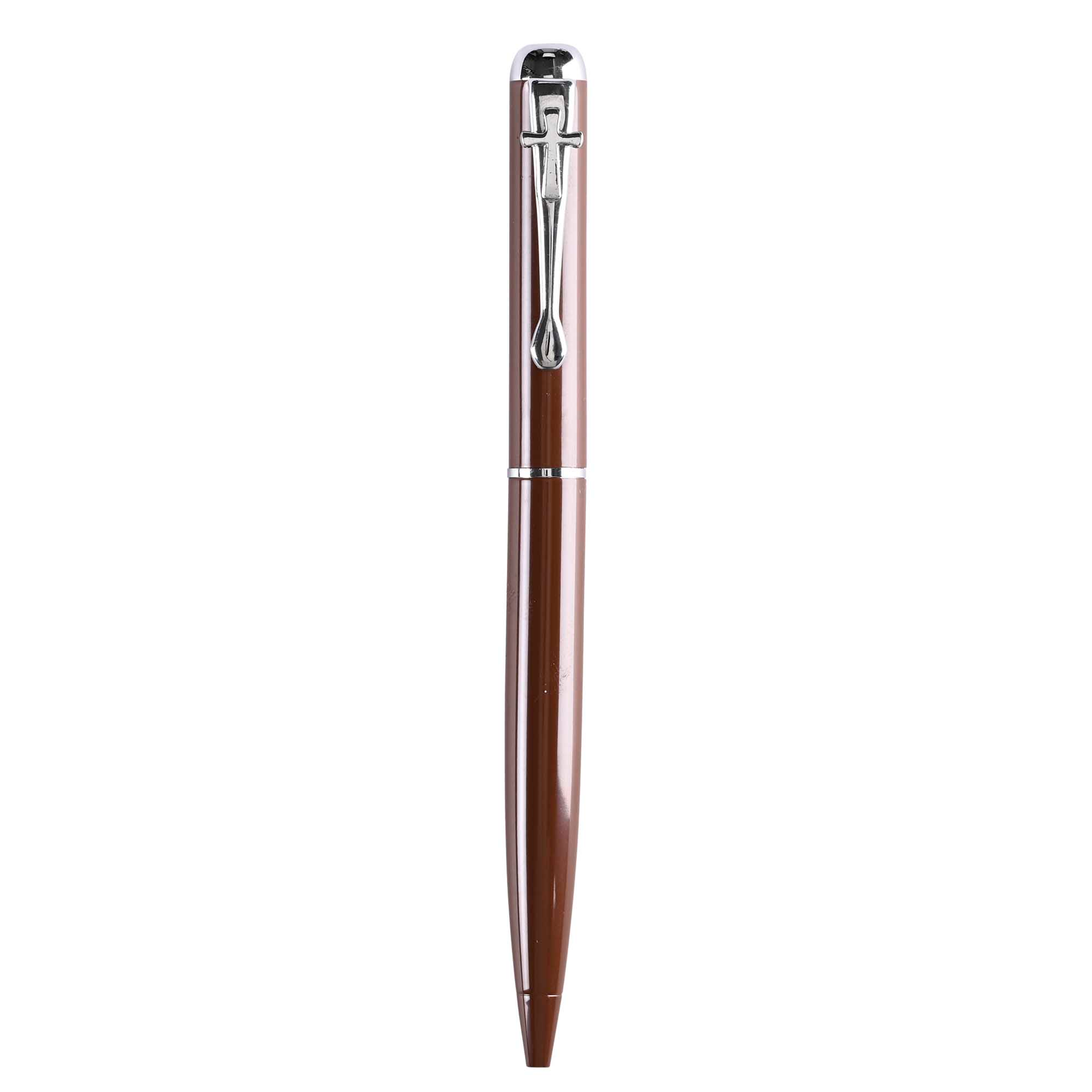 Pen Giftable Brown Metal Writing Instrument With Cross Design Bookmark Sized Card Featuring Hymn Lyrics