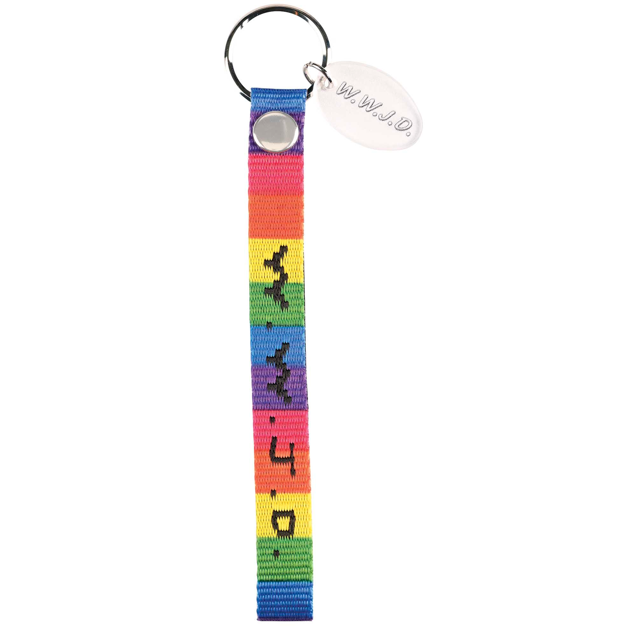 Keyring Woven Polyester WWJD Rainbow Design 10 x 1/2 Size Silver Rivet Silicone Tag White Stitched Text