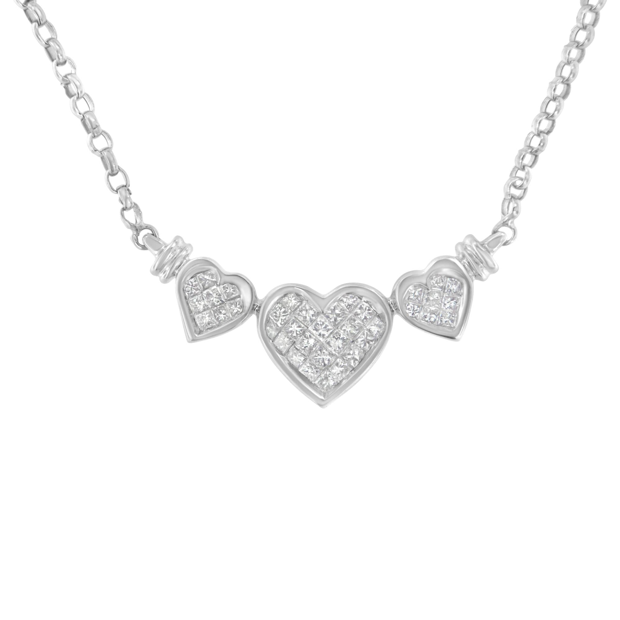 Necklace Statement Pendant Heart 14K White Gold 18 inch 1.0 Cttw Princess Cut Diamond H-I Color SI2-I1 Clarity Durable Rolo Chain