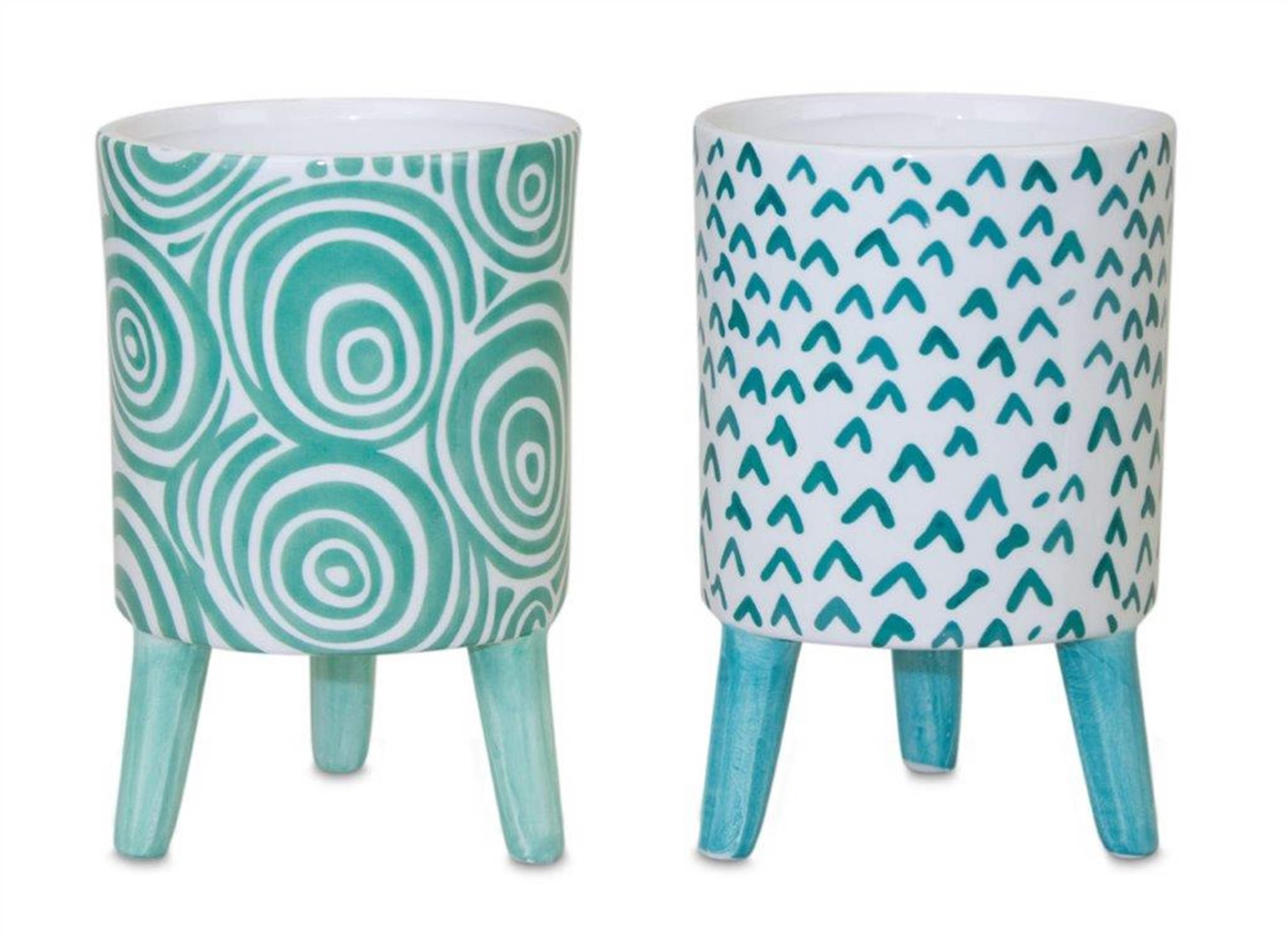 Flower Pot Set of 2 3.75 Inches Diameter 6 Inches Height Dolomite Teal and Blue Decorative Mini Pots Assorted Designs Glaze Finish