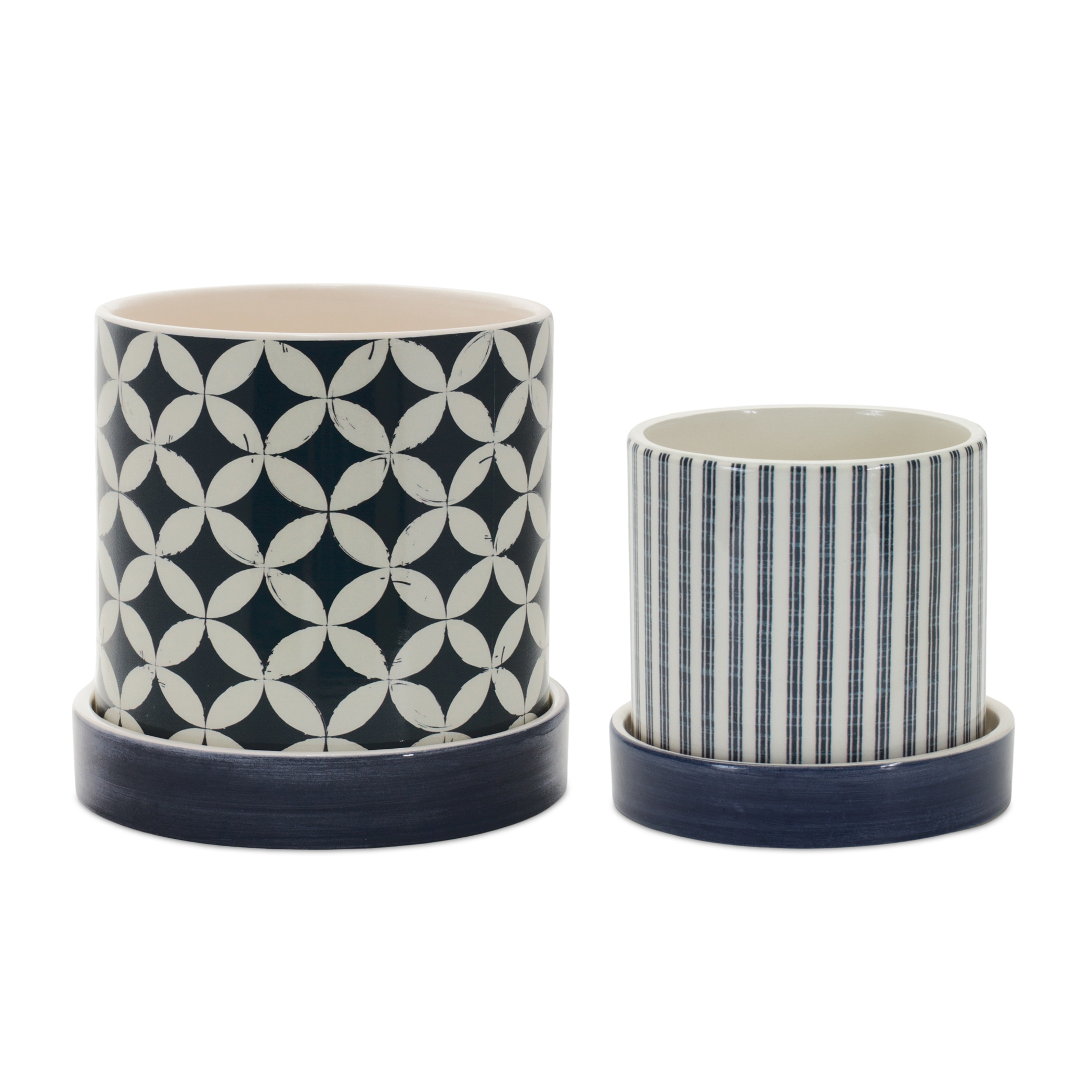 Container Set of 2 with 4.5 inches and 5.25 inches Diameter Cool Blue and White Dolomite Decorative Colorful Geometric and Striped Design