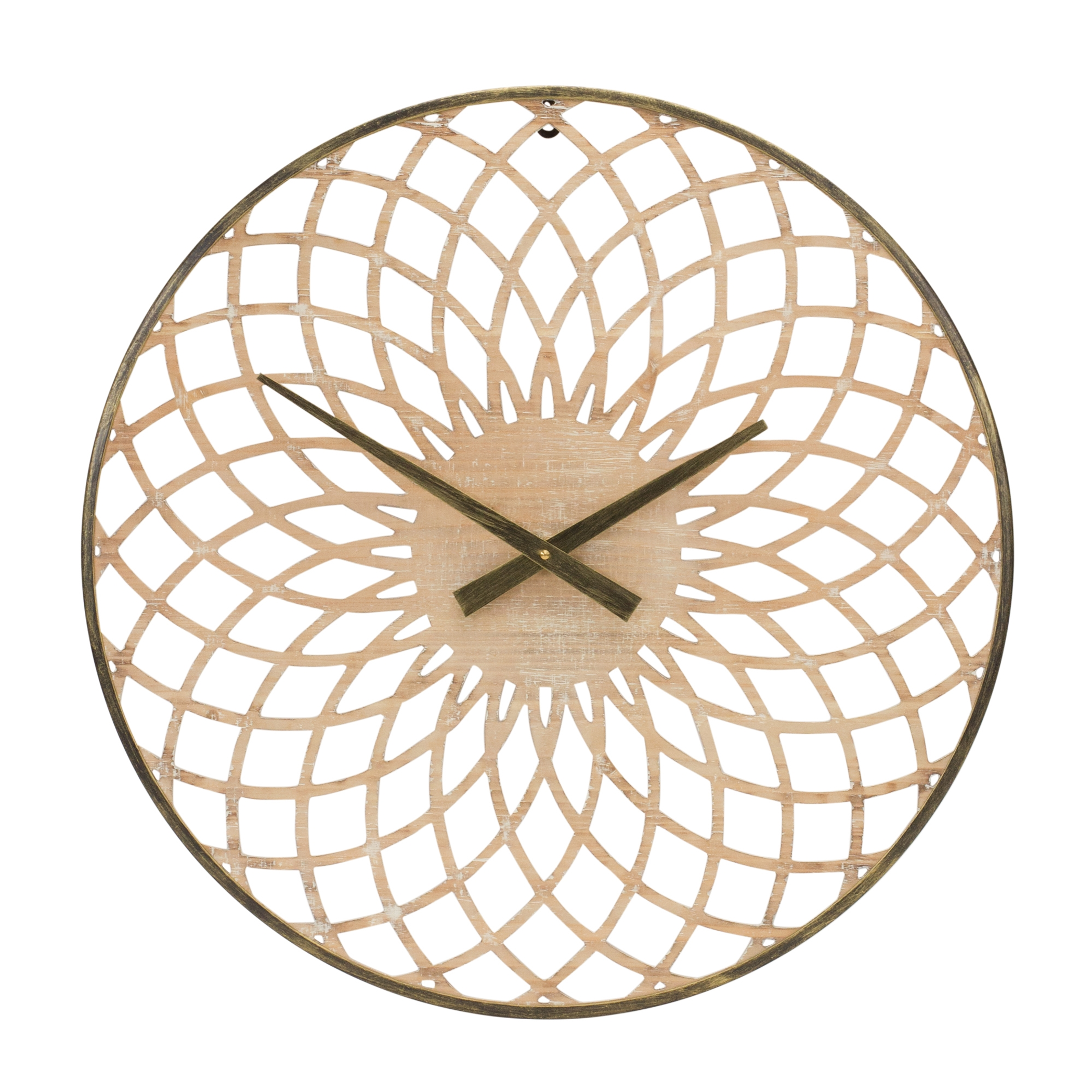 Wall Clock Round Lattice Wood Natural Finish Bronze Frame Numberless Bohemian Mid-Century Modern Home Decor