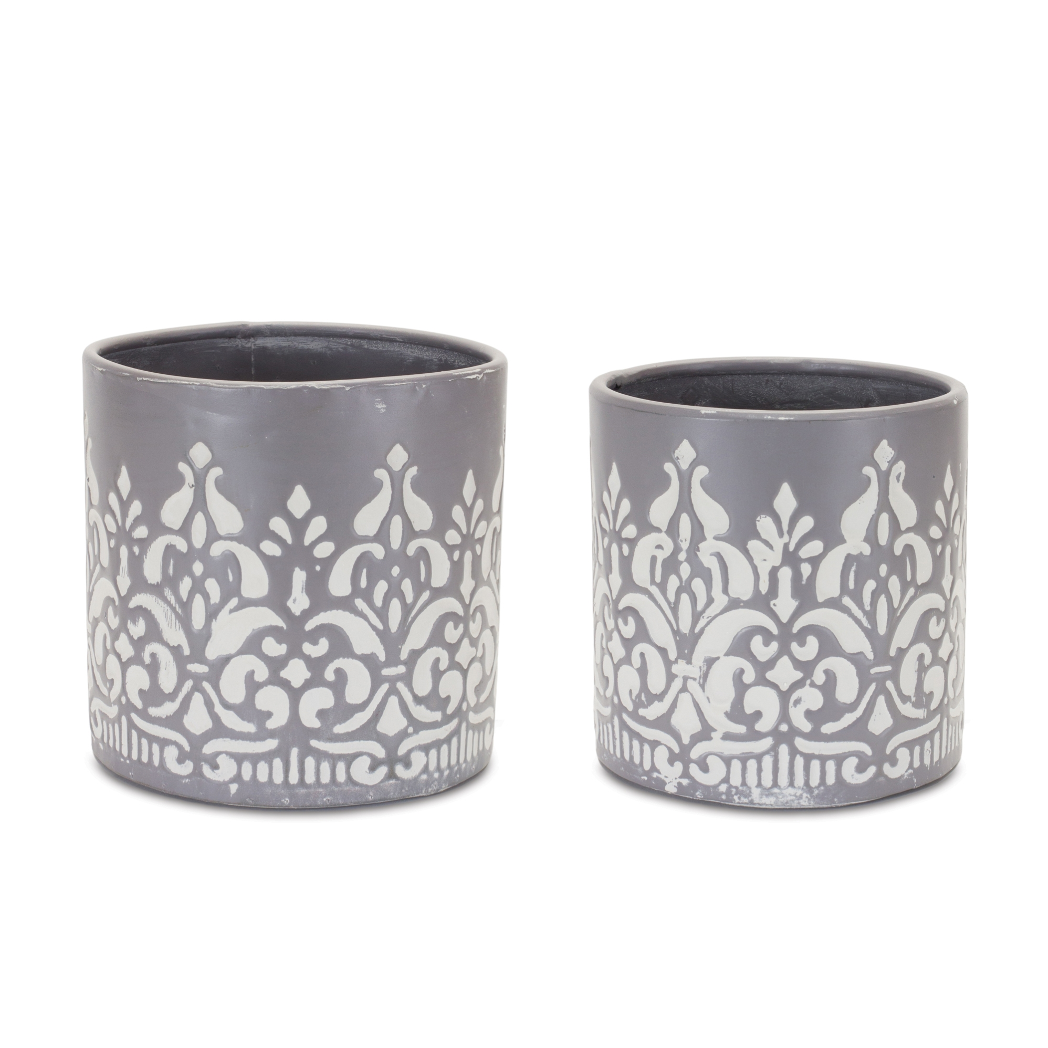 Metal Planter Ornate Design Distressed Grey Tones White Accents Durable Set of Two Suitable for Indoor Outdoor Use