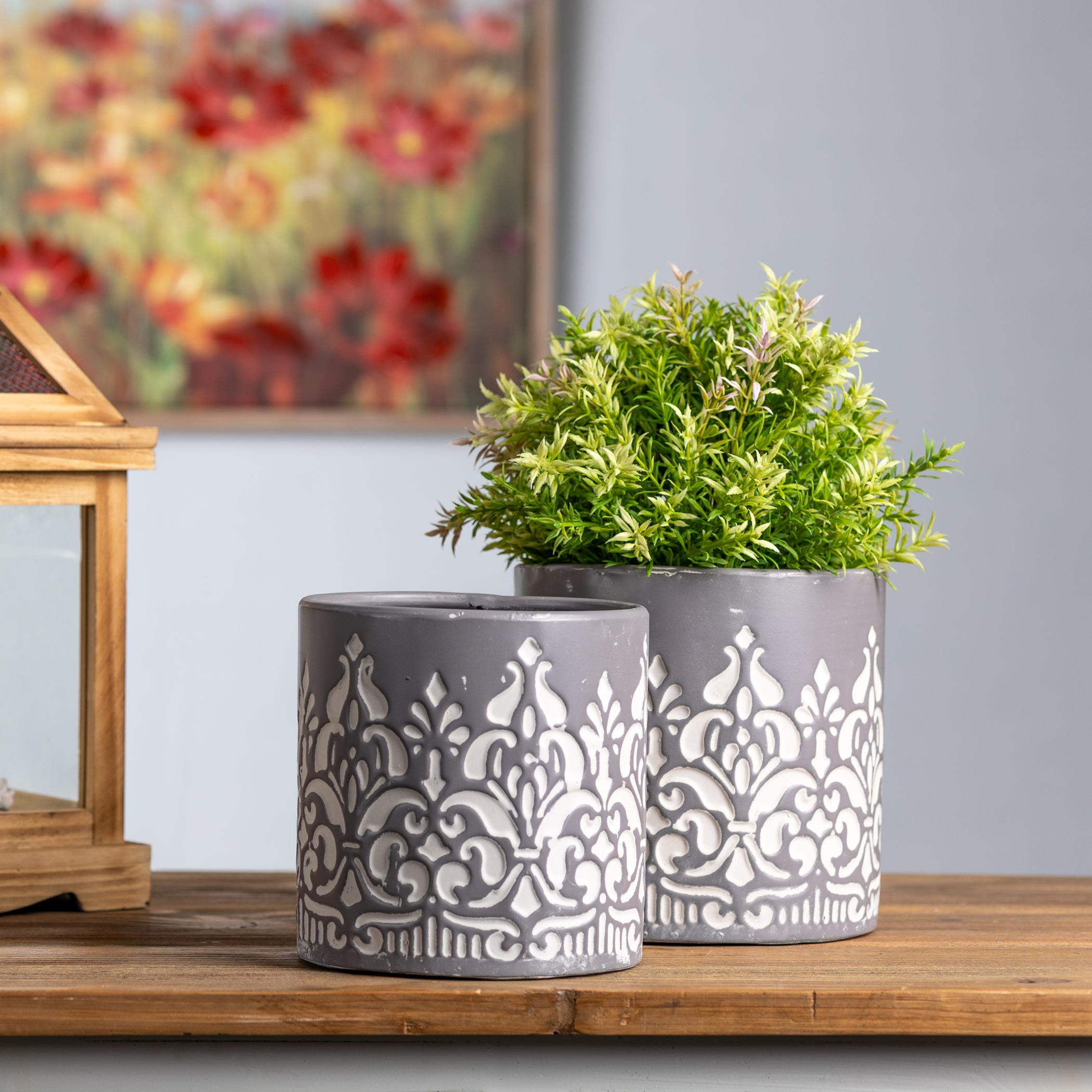 Metal Planter Ornate Design Distressed Grey Tones White Accents Durable Set of Two Suitable for Indoor Outdoor Use