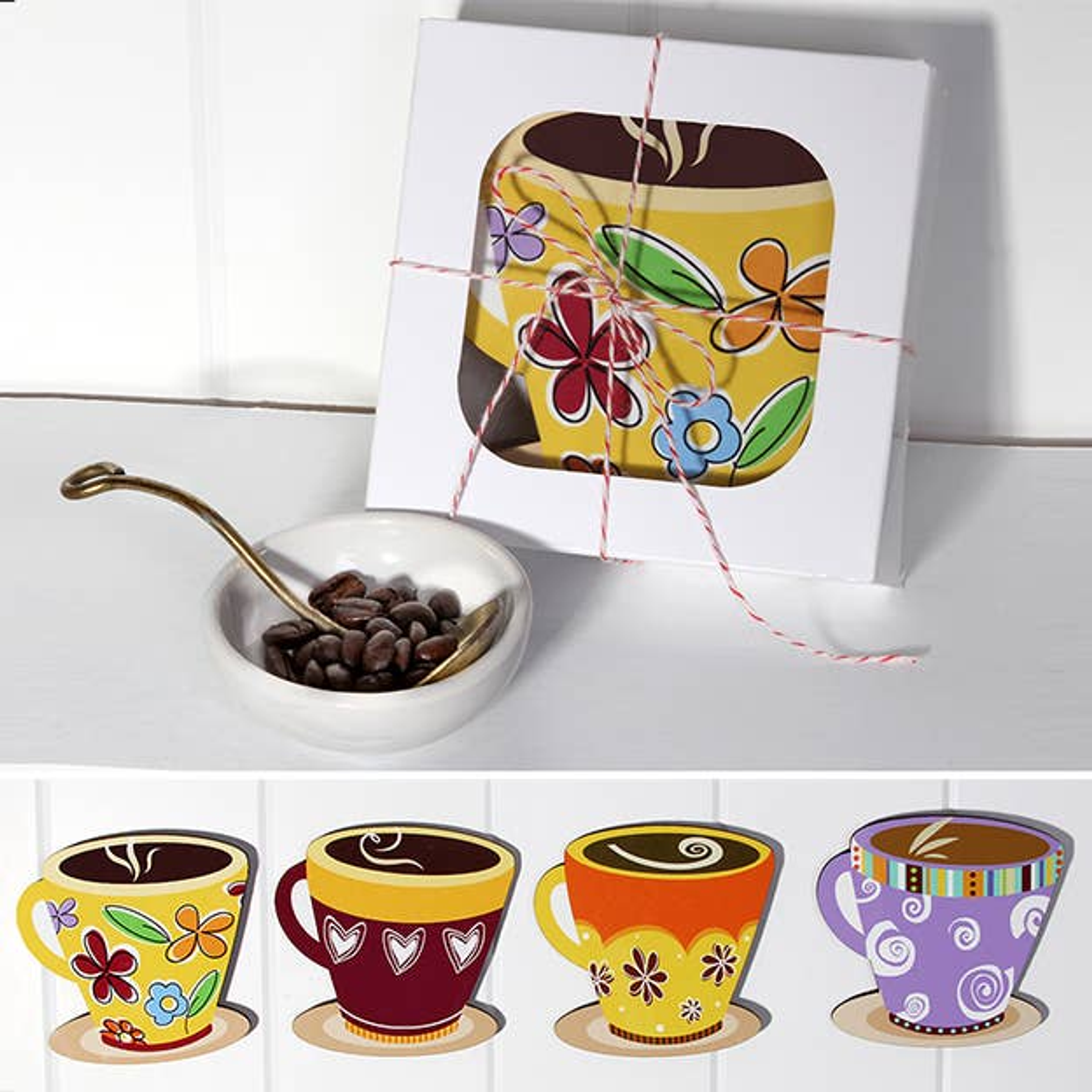 Coaster Hardboard Limited Edition Hand-Printed Glossy Square Design Rubber Feet Protect Surfaces Pack of Four