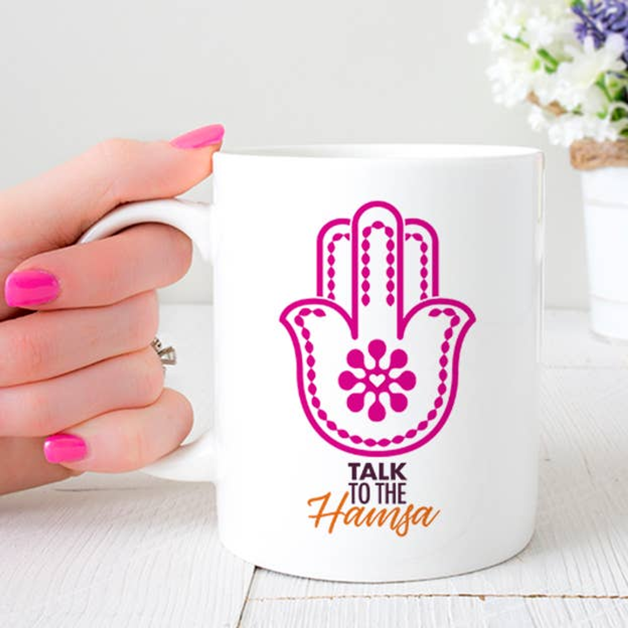 Mug Talk to the Hamsa Hand-Printed Colorful Ceramic 11 Ounce Blue Pink Dishwasher Safe Microwave Safe Gift Box Included