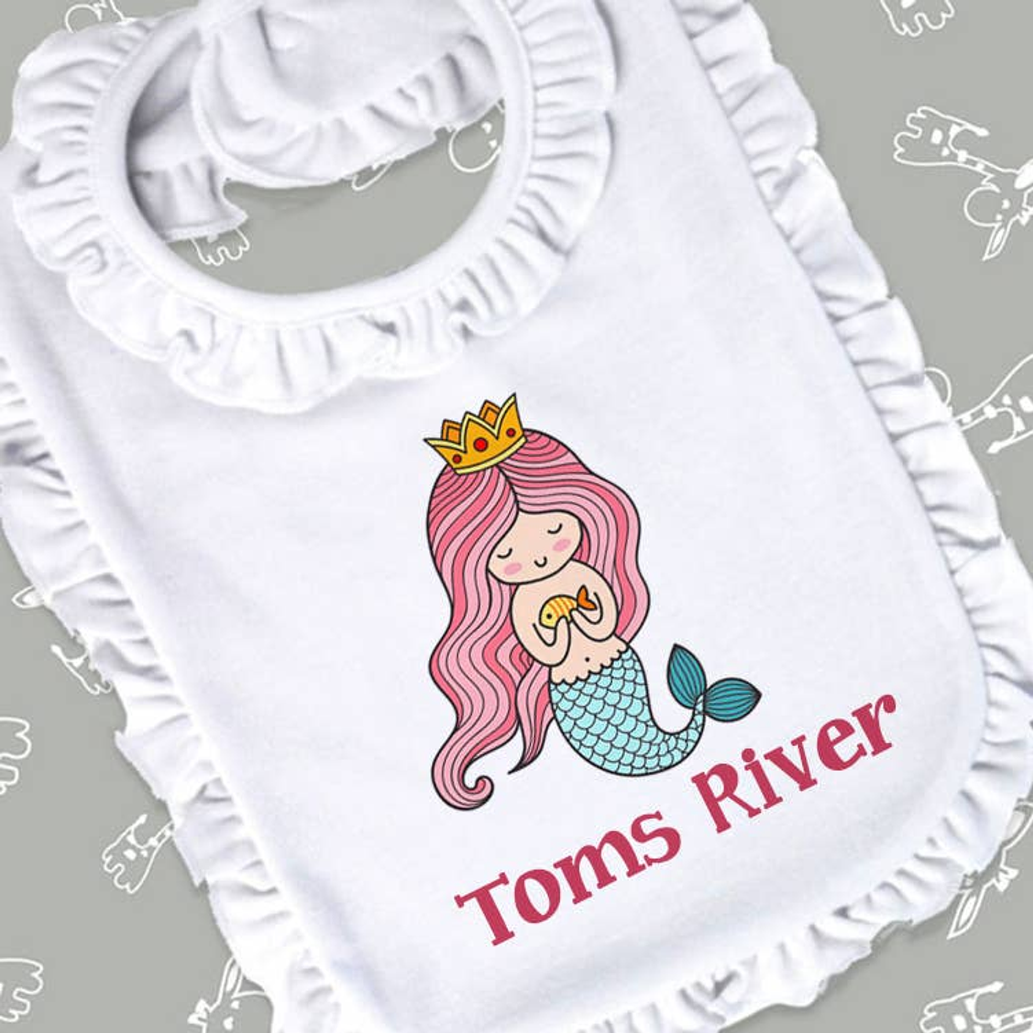 Bib Super Soft Ruffled Velcro Closure One Size Fits Most 2-Ply White Pink Cotton Polyester Machine Washable Baby Safe Ink Customizable