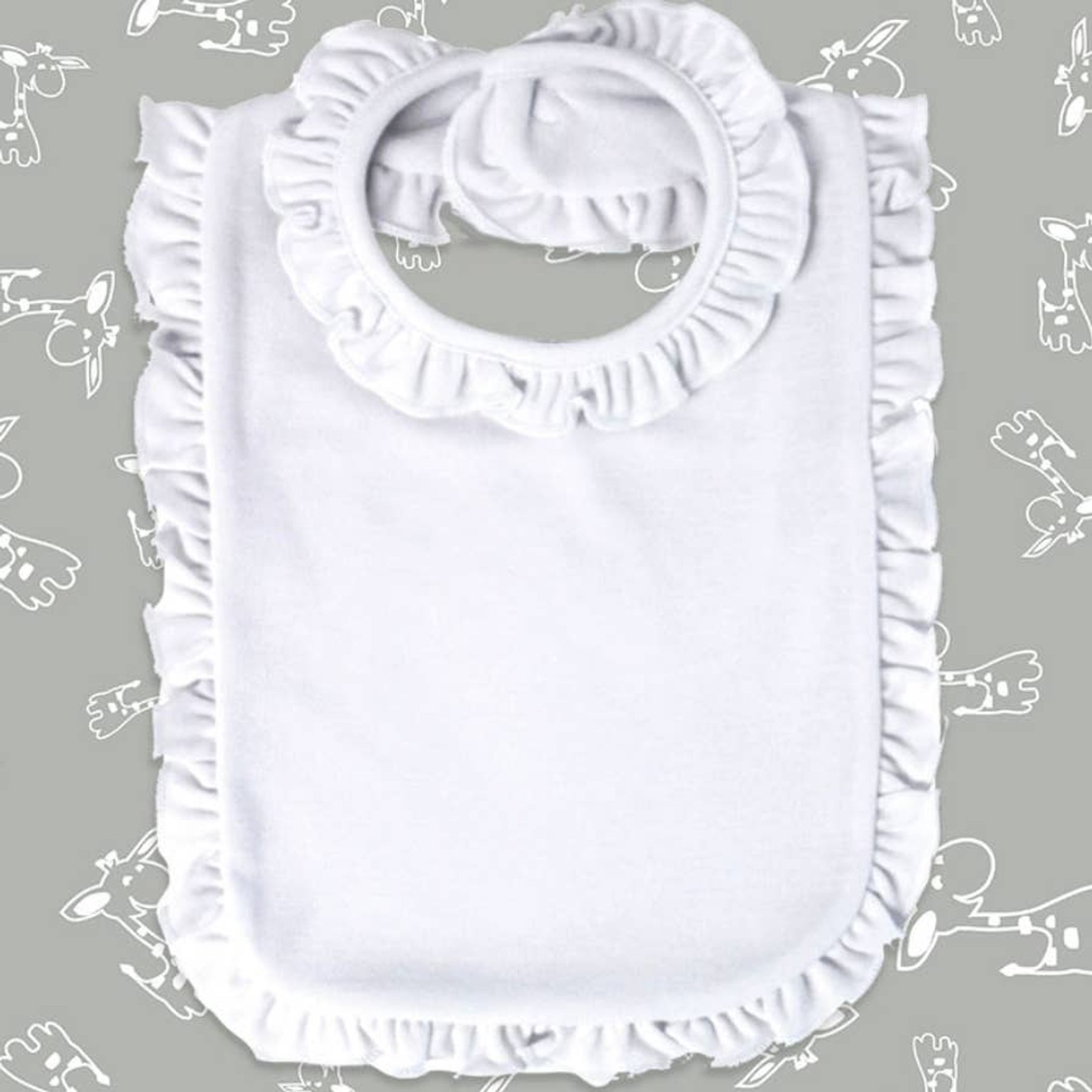 Bib Super Soft Ruffled Velcro Closure One Size Fits Most 2-Ply White Pink Cotton Polyester Machine Washable Baby Safe Ink Customizable