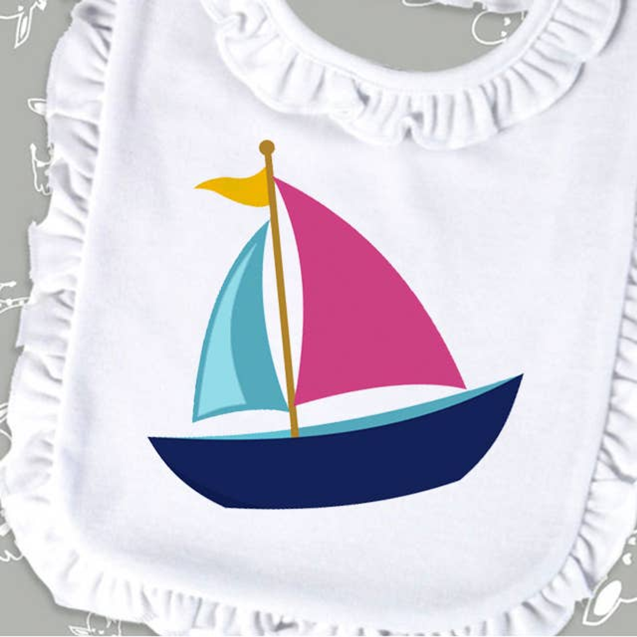 Bib Super Soft Ruffled Velcro Closure One Size Fits Most 2-Ply White Pink Cotton Polyester Machine Washable Baby Safe Ink Customizable