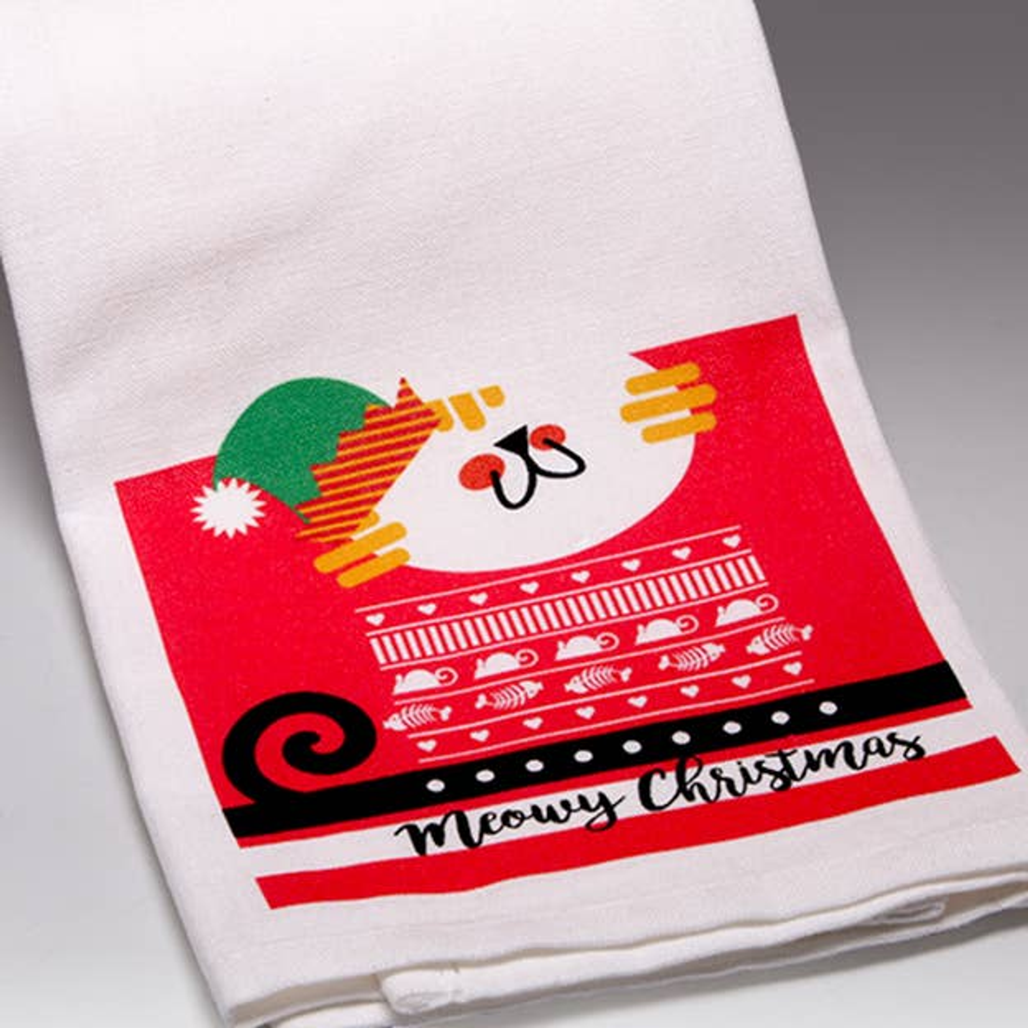 Towel Kitchen Decorative Meowy Christmas 18 x 28 Inches Cotton Flat-Weave Hanging Tab Included Care Instructions