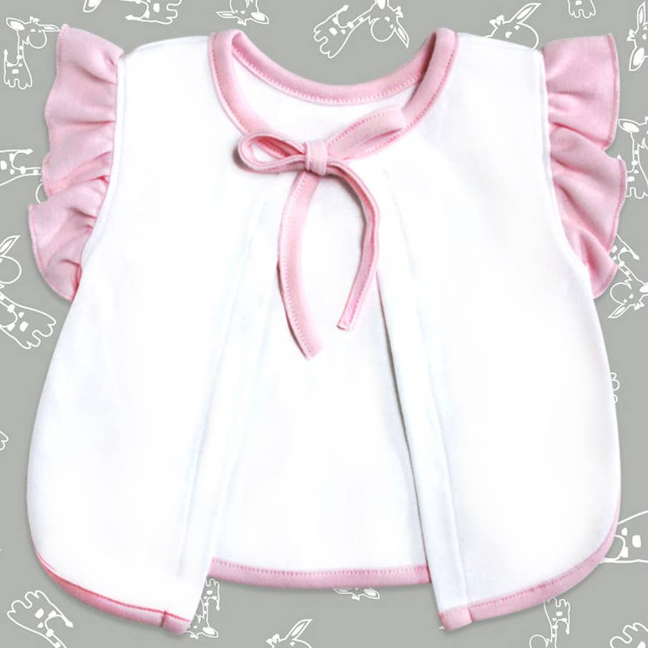 Bib para bebés con cierre de lazo estampado 2 capas color blanco y rosa 65% poliéster 35% algodón personalizable y lavable a máquina