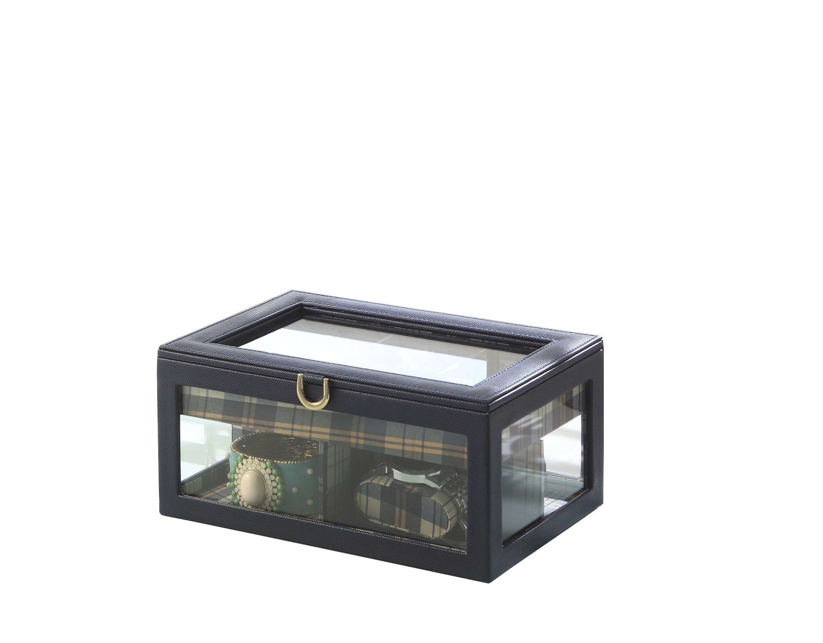 Faux Leather And Glass Nine Section Checkered Watch Box With Metal Accents