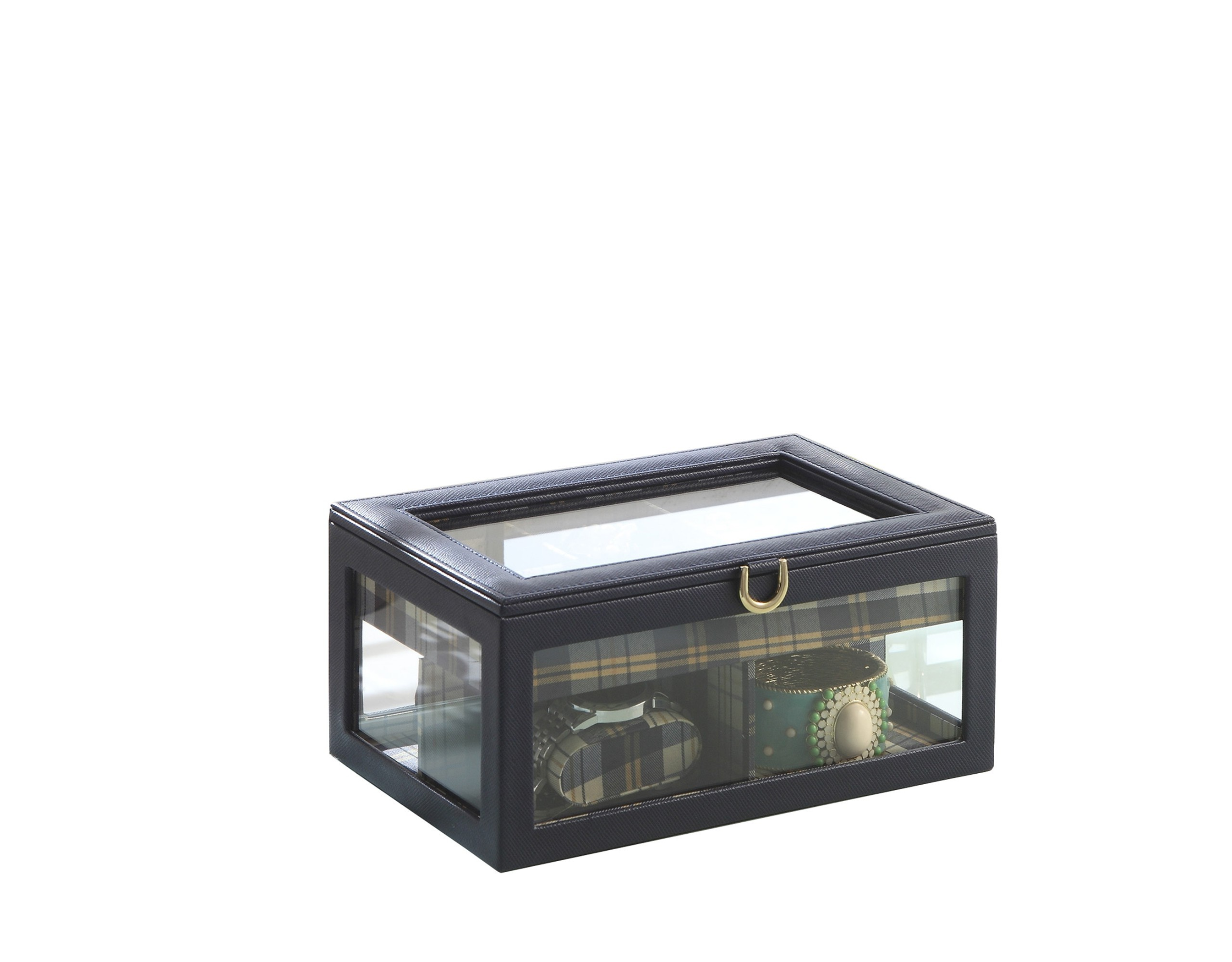Faux Leather And Glass Nine Section Checkered Watch Box With Metal Accents