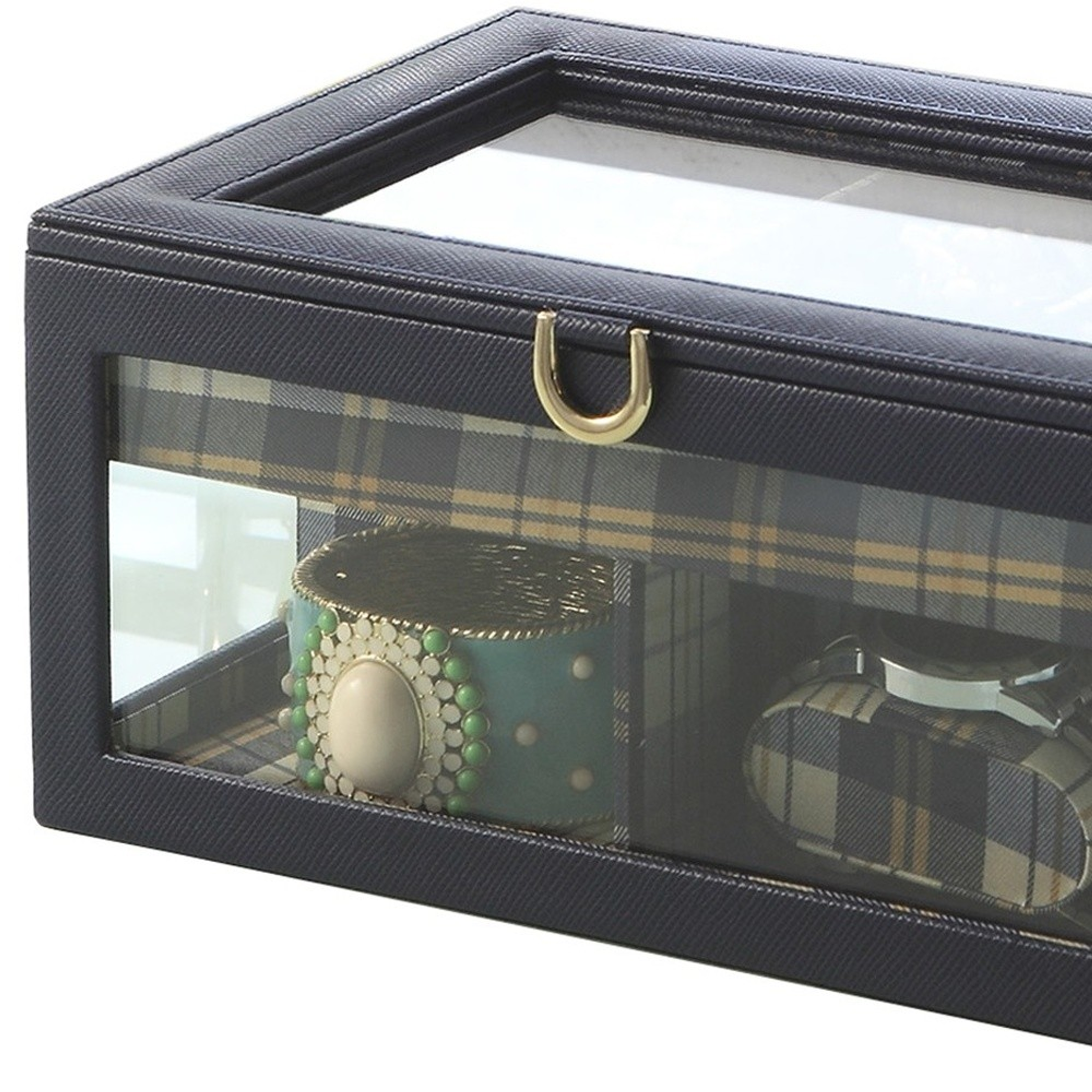 Faux Leather And Glass Nine Section Checkered Watch Box With Metal Accents