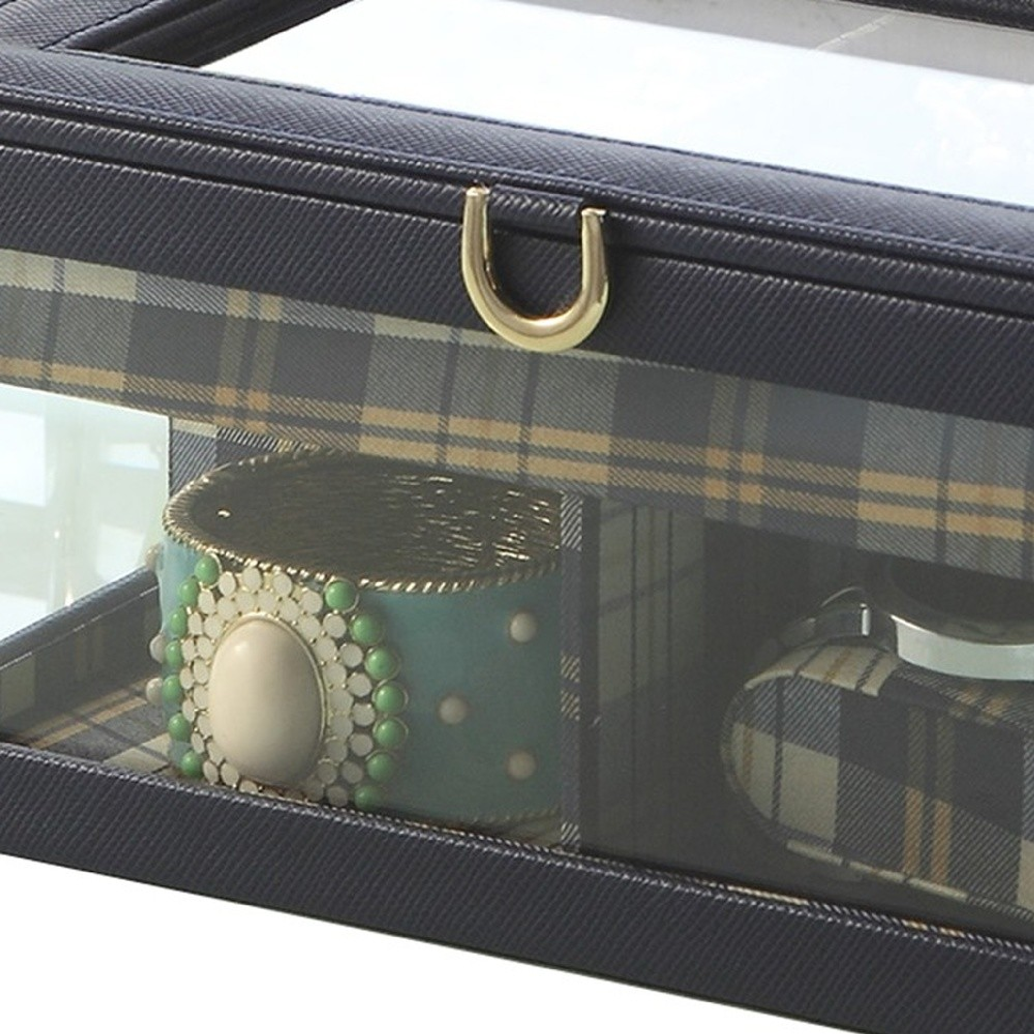 Faux Leather And Glass Nine Section Checkered Watch Box With Metal Accents