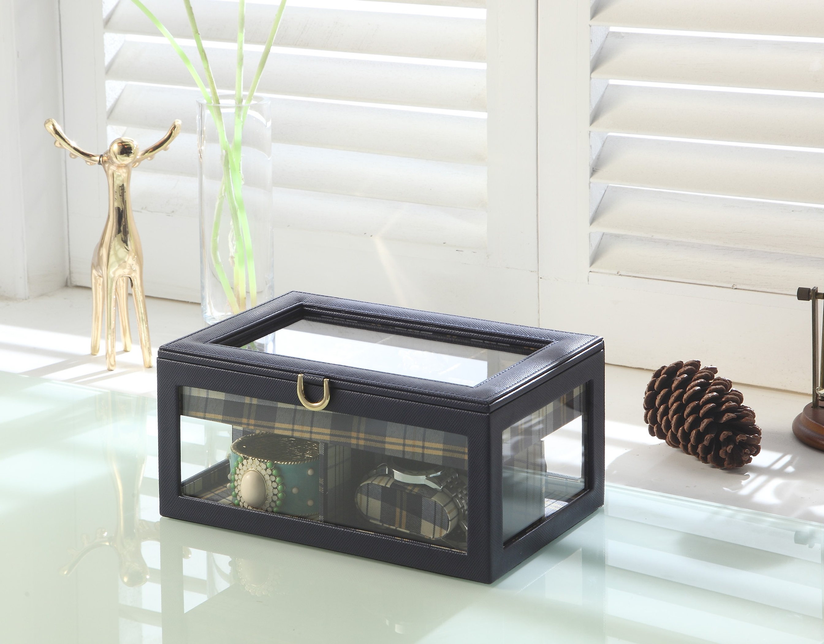 Faux Leather And Glass Nine Section Checkered Watch Box With Metal Accents