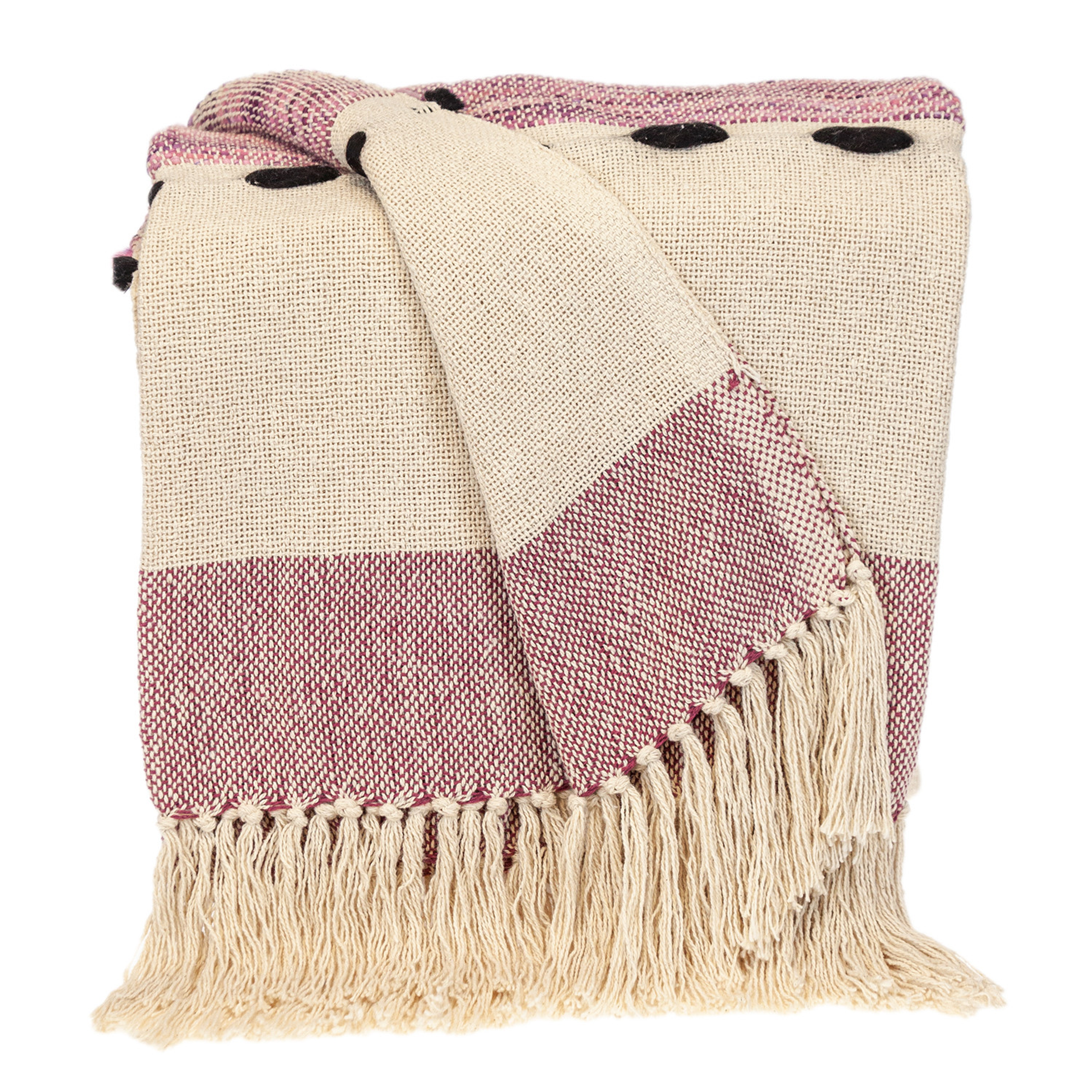 50" X 60" Purple and Ivory Woven Cotton Striped Throw Blanket with Tassels, photo 2