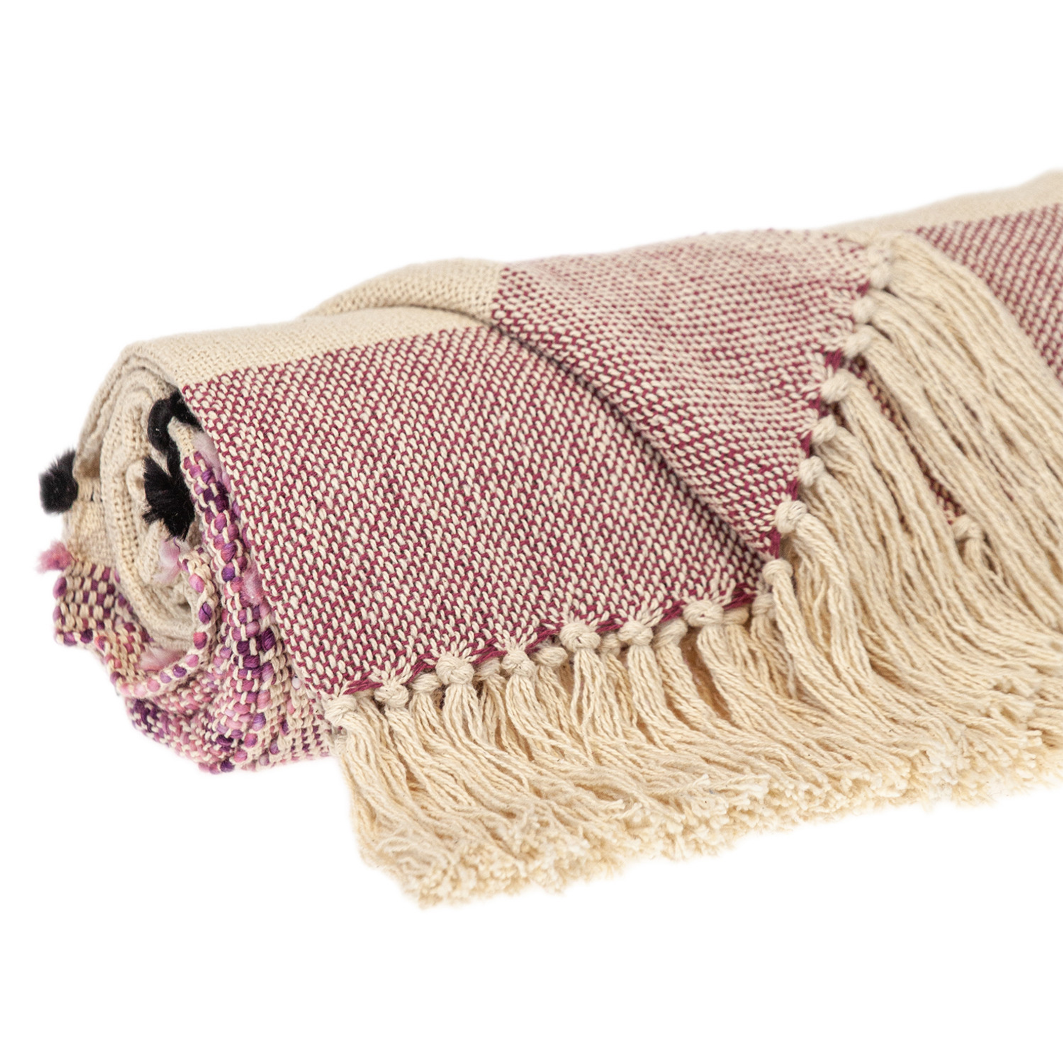 50" X 60" Purple and Ivory Woven Cotton Striped Throw Blanket with Tassels, photo 3
