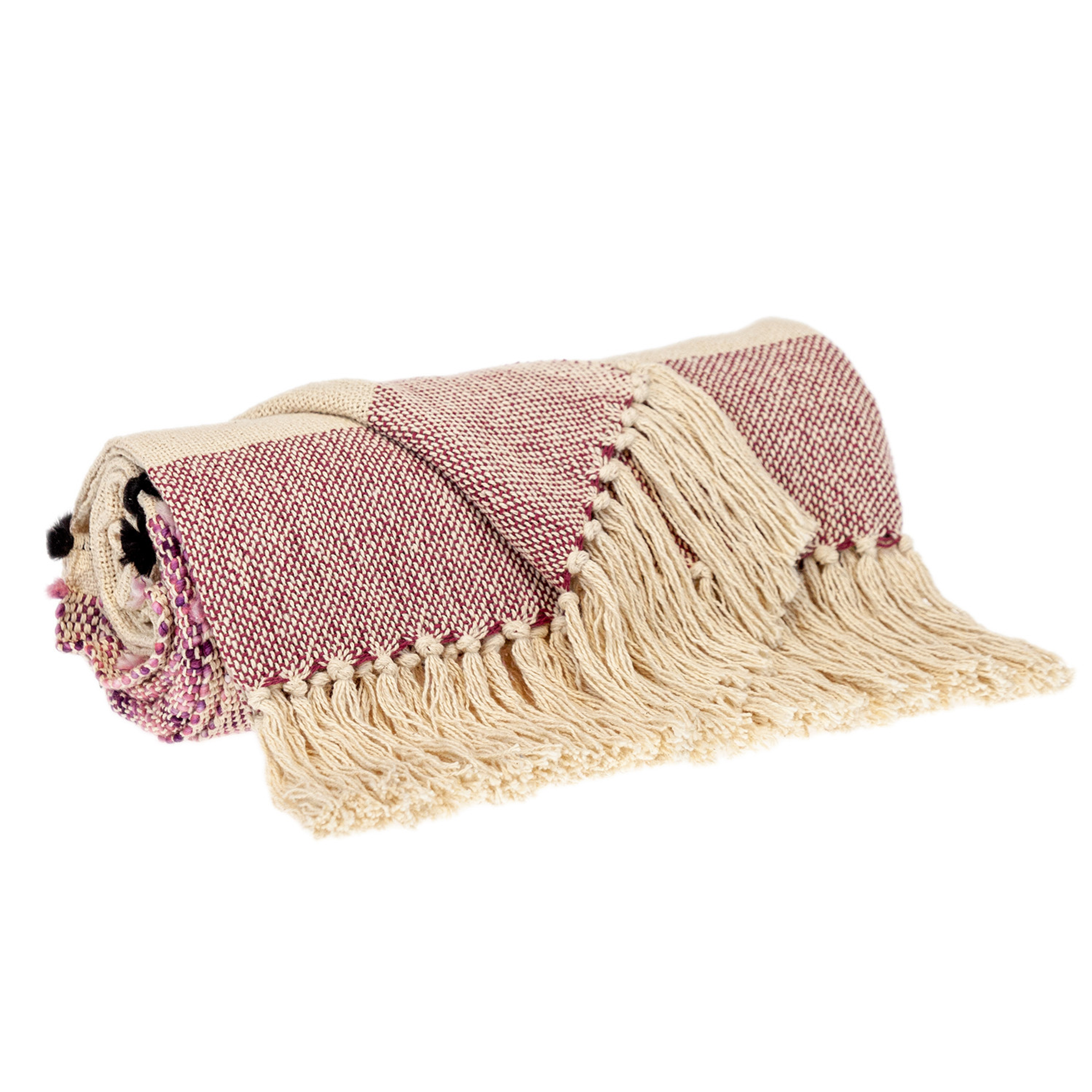 50" X 60" Purple and Ivory Woven Cotton Striped Throw Blanket with Tassels, photo 4