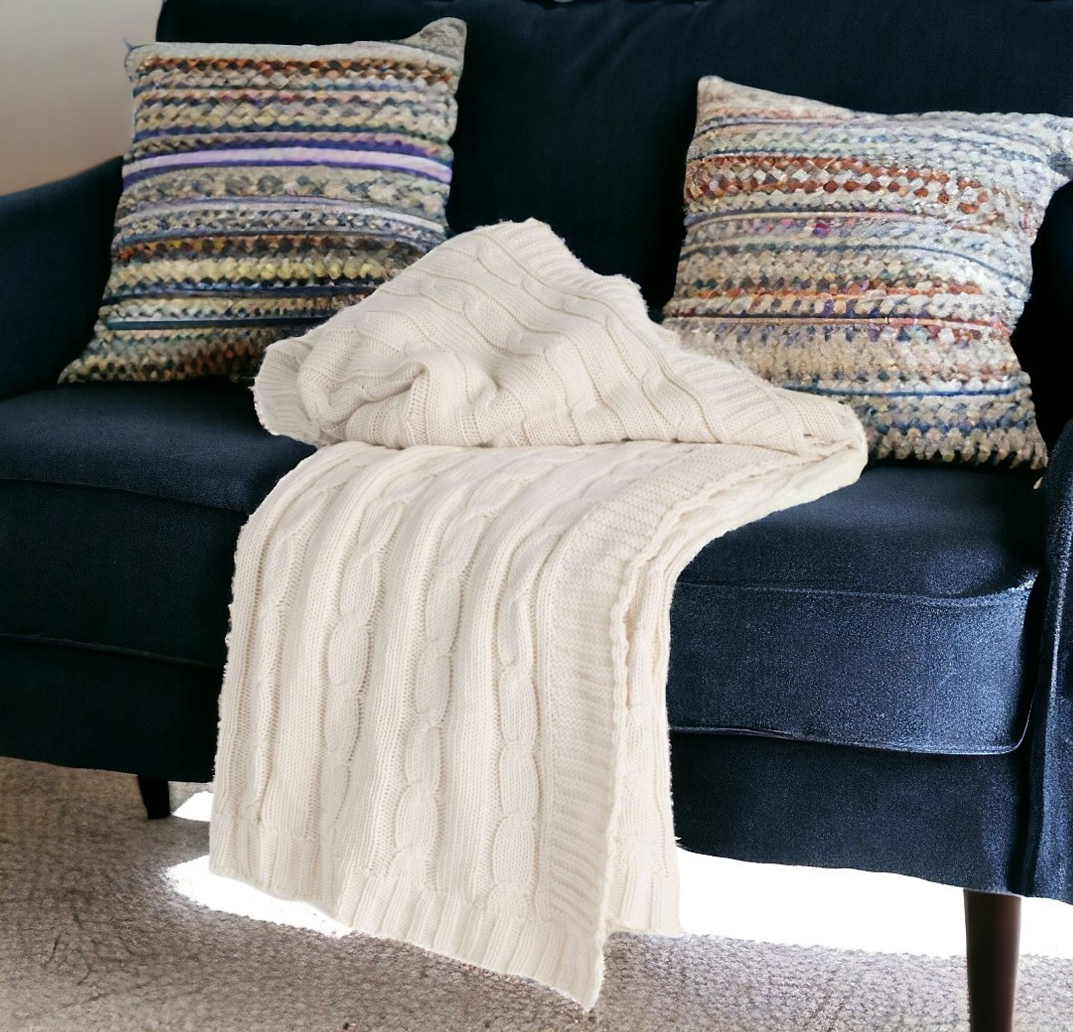 Ivory Knitted 100% Cotton Throw Blanket, photo 2