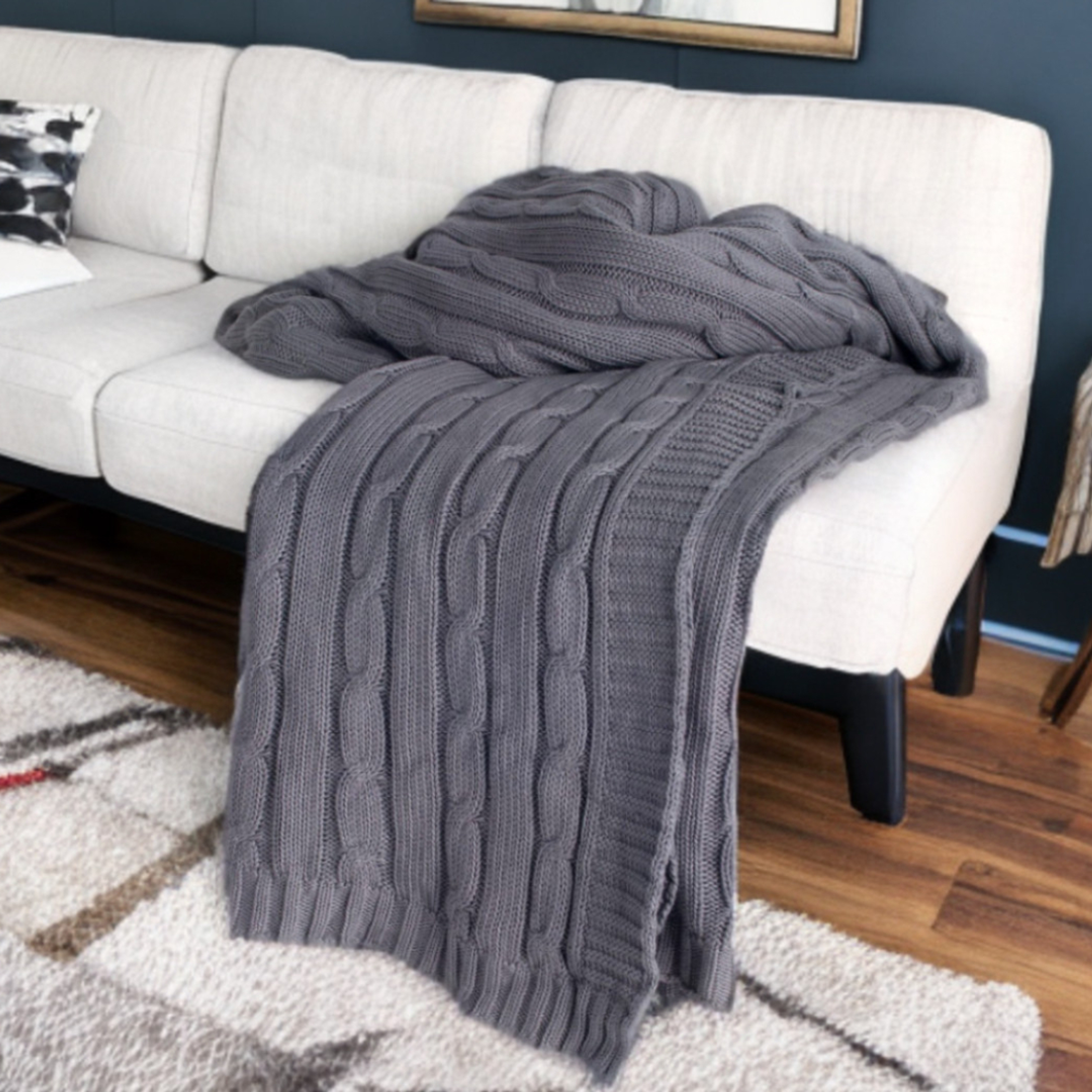 Light Gray Knitted 100% Cotton Throw Blanket, photo 2