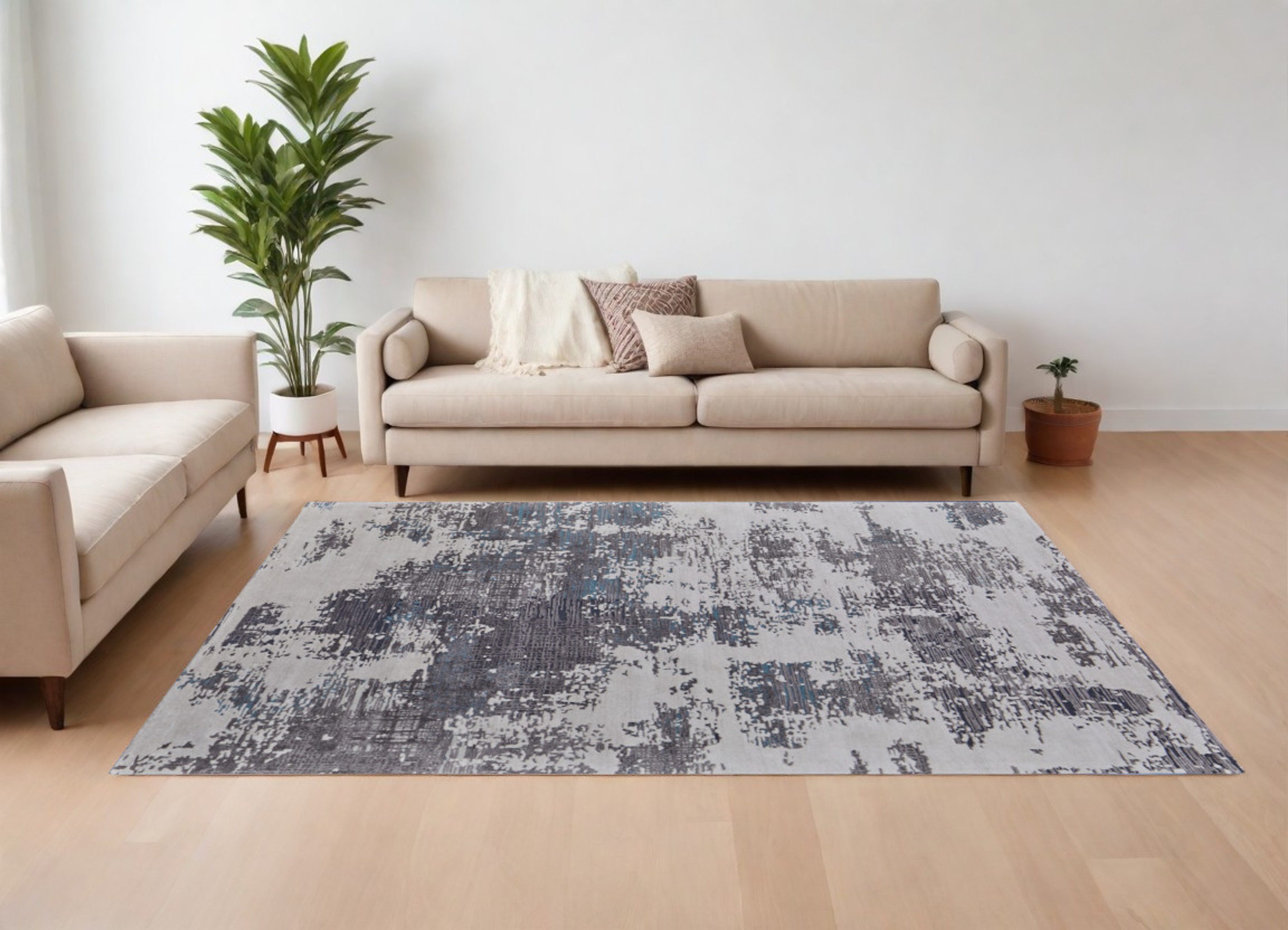 8′ X 10′ Ivory Brown and Blue Abstract Hand Tufted Area Rug