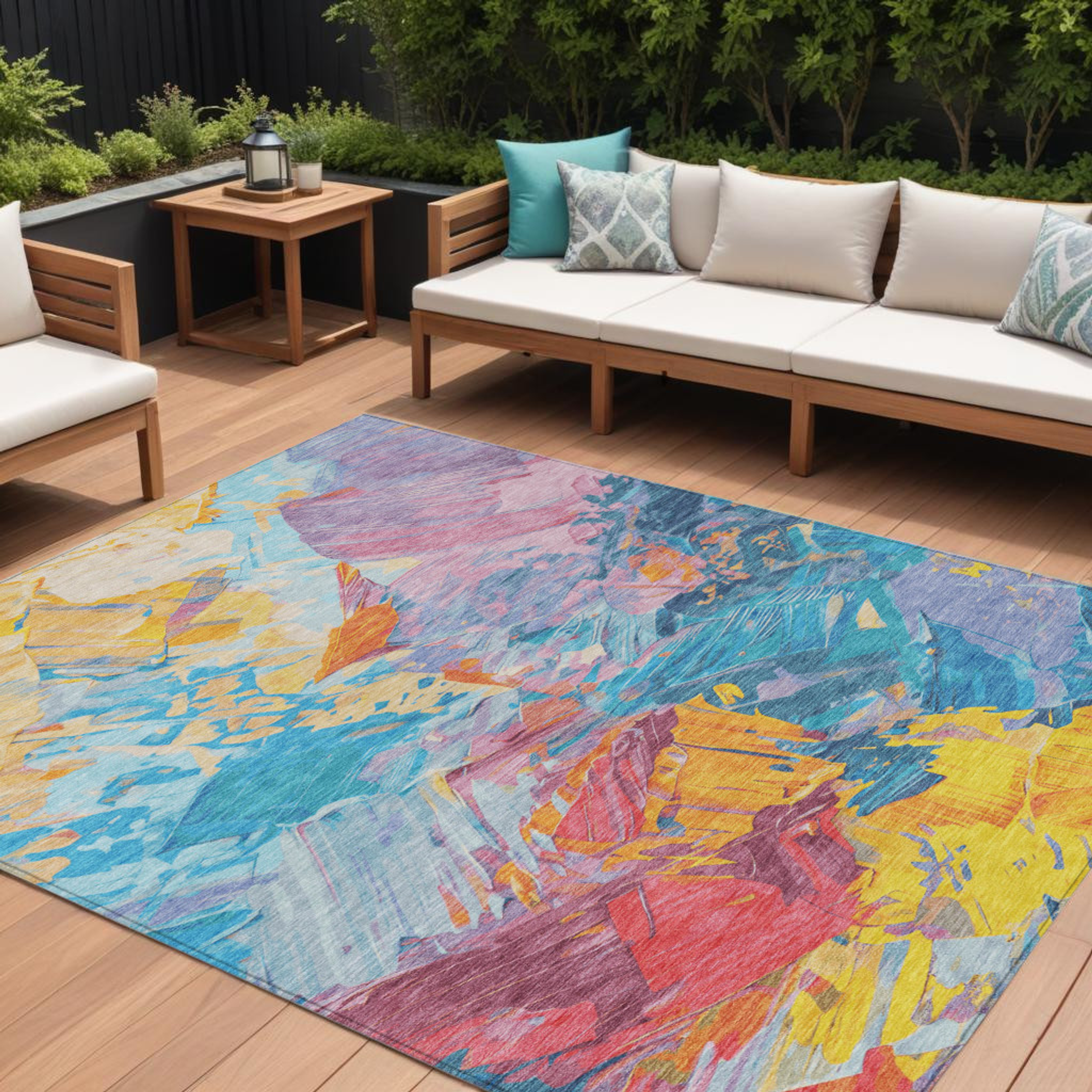 9′ X 12′ Blue Yellow Pink And Orange Abstract Washable Indoor Outdoor Area Rug