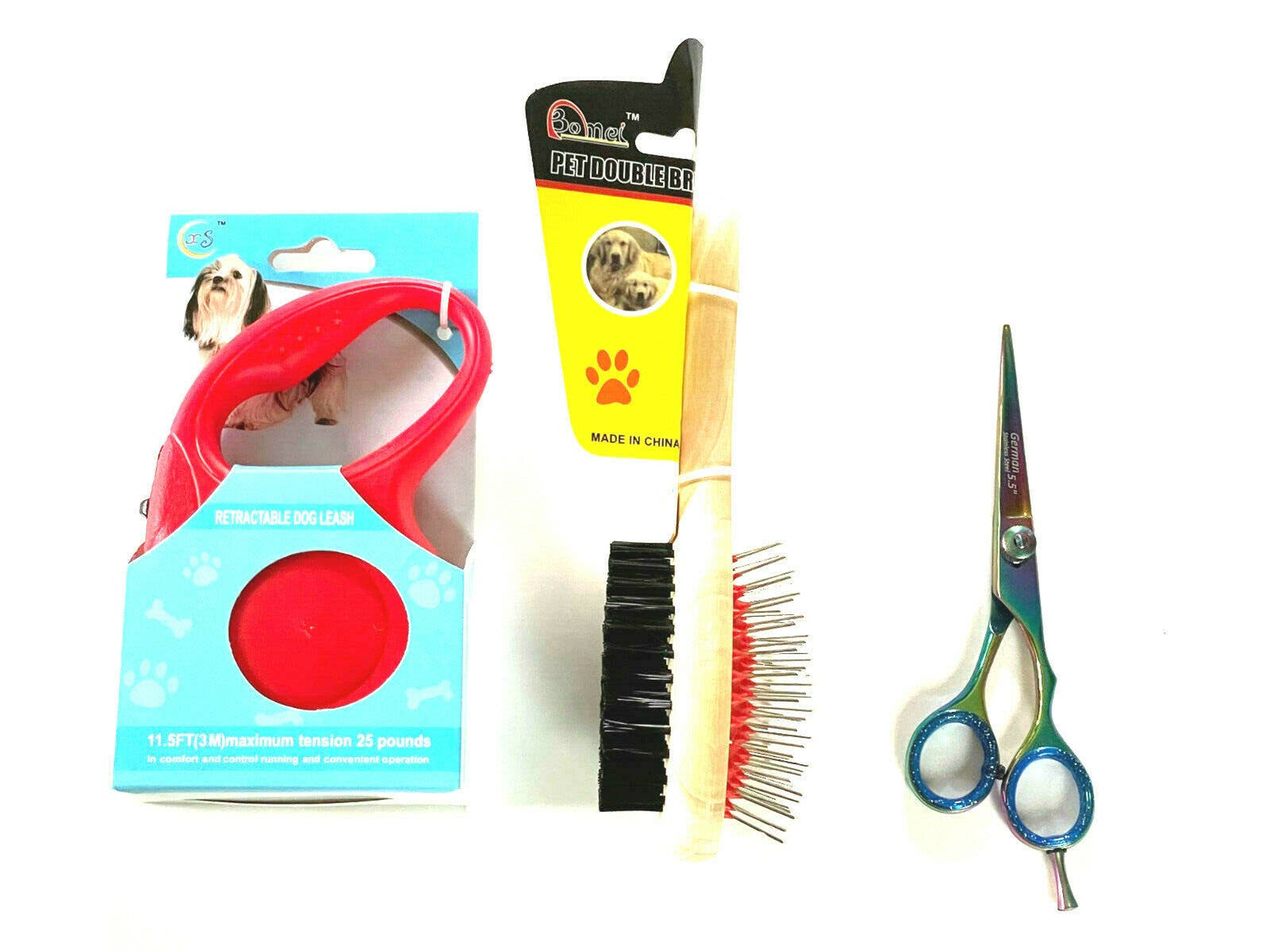 Retractable Dog Leash Double Brush Grooming Hair Scissors Complete Gift Set Image 1